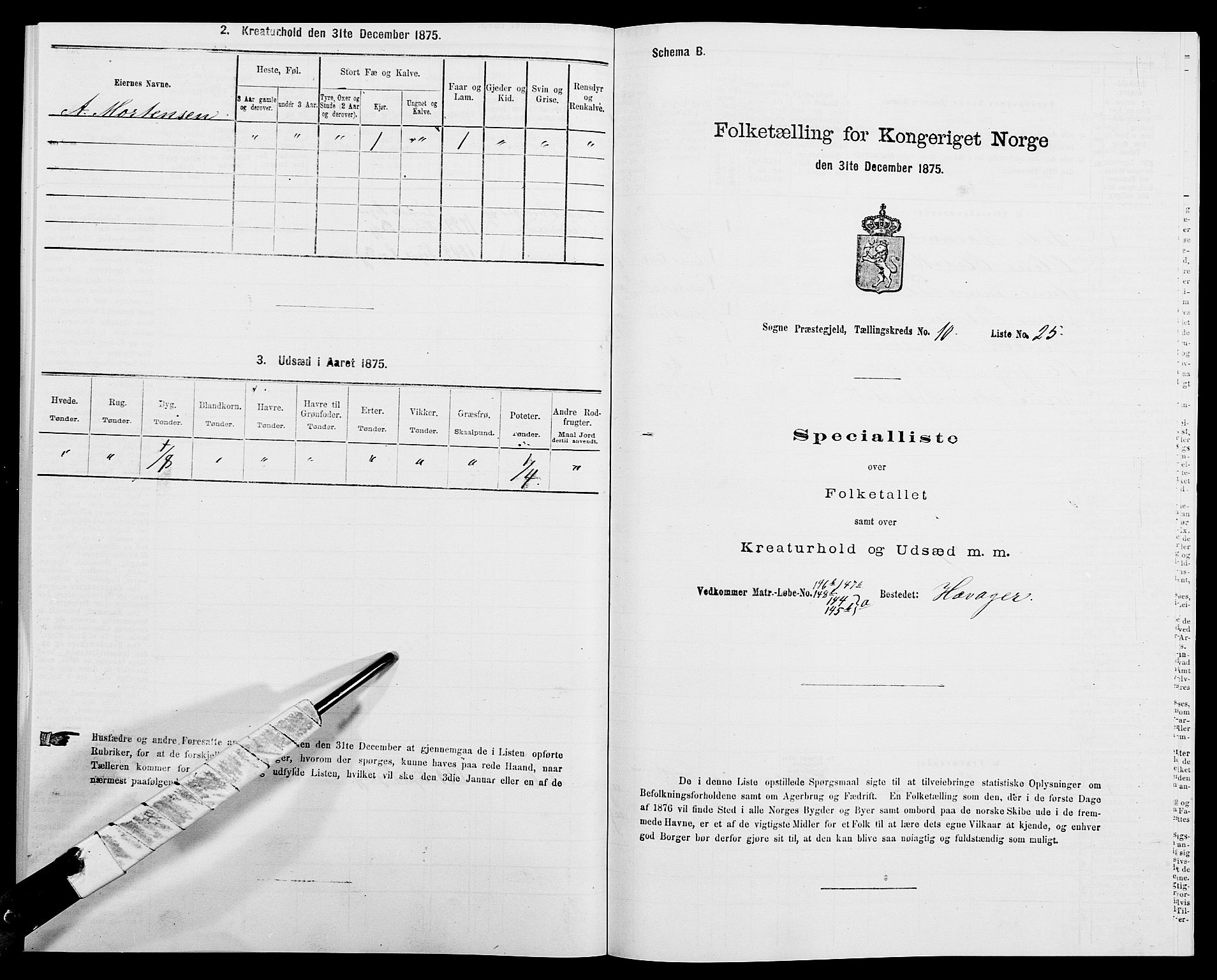 SAK, 1875 census for 1018P Søgne, 1875, p. 832