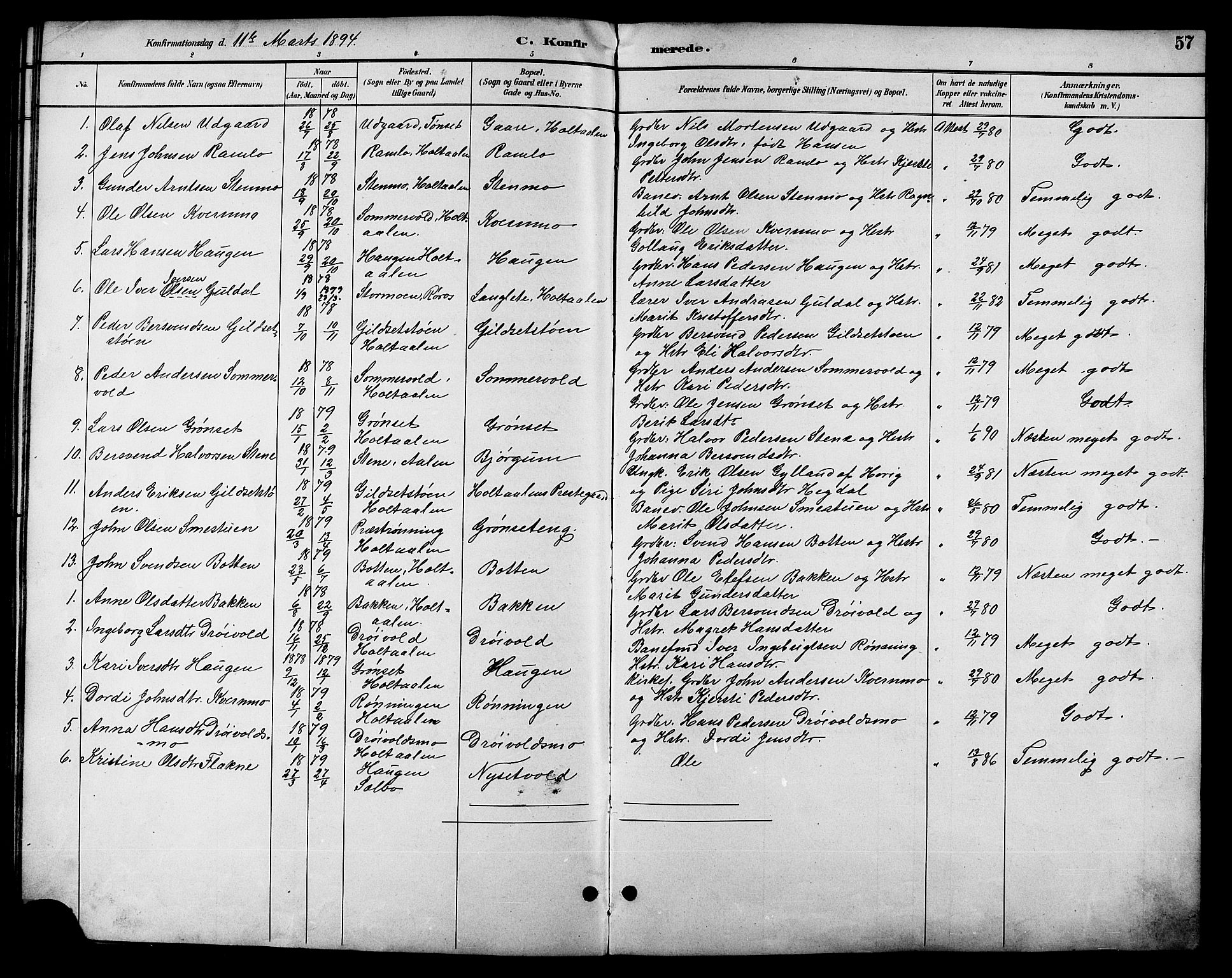 Ministerialprotokoller, klokkerbøker og fødselsregistre - Sør-Trøndelag, SAT/A-1456/685/L0978: Parish register (copy) no. 685C03, 1891-1907, p. 57