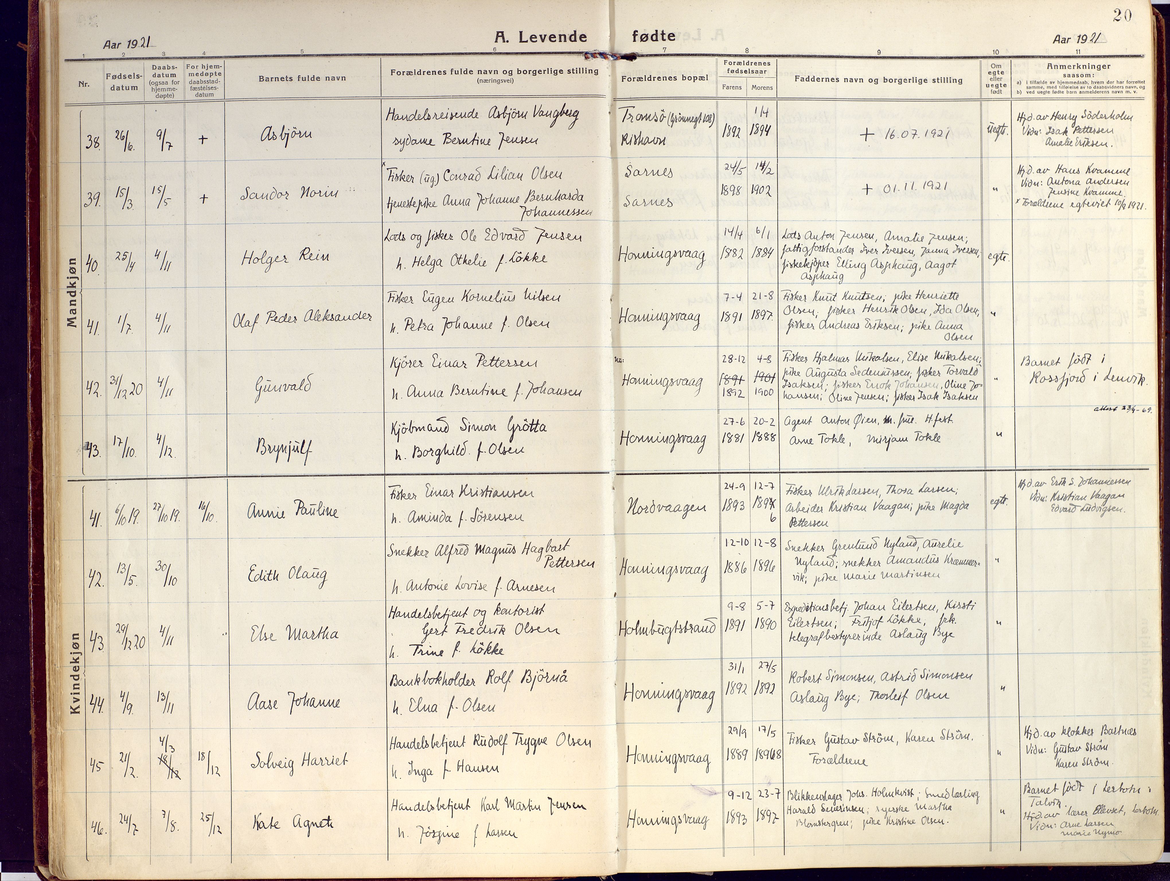 Kjelvik/Nordkapp sokneprestkontor, AV/SATØ-S-1350/H/Ha/L0002kirke: Parish register (official) no. 2, 1920-1929, p. 20