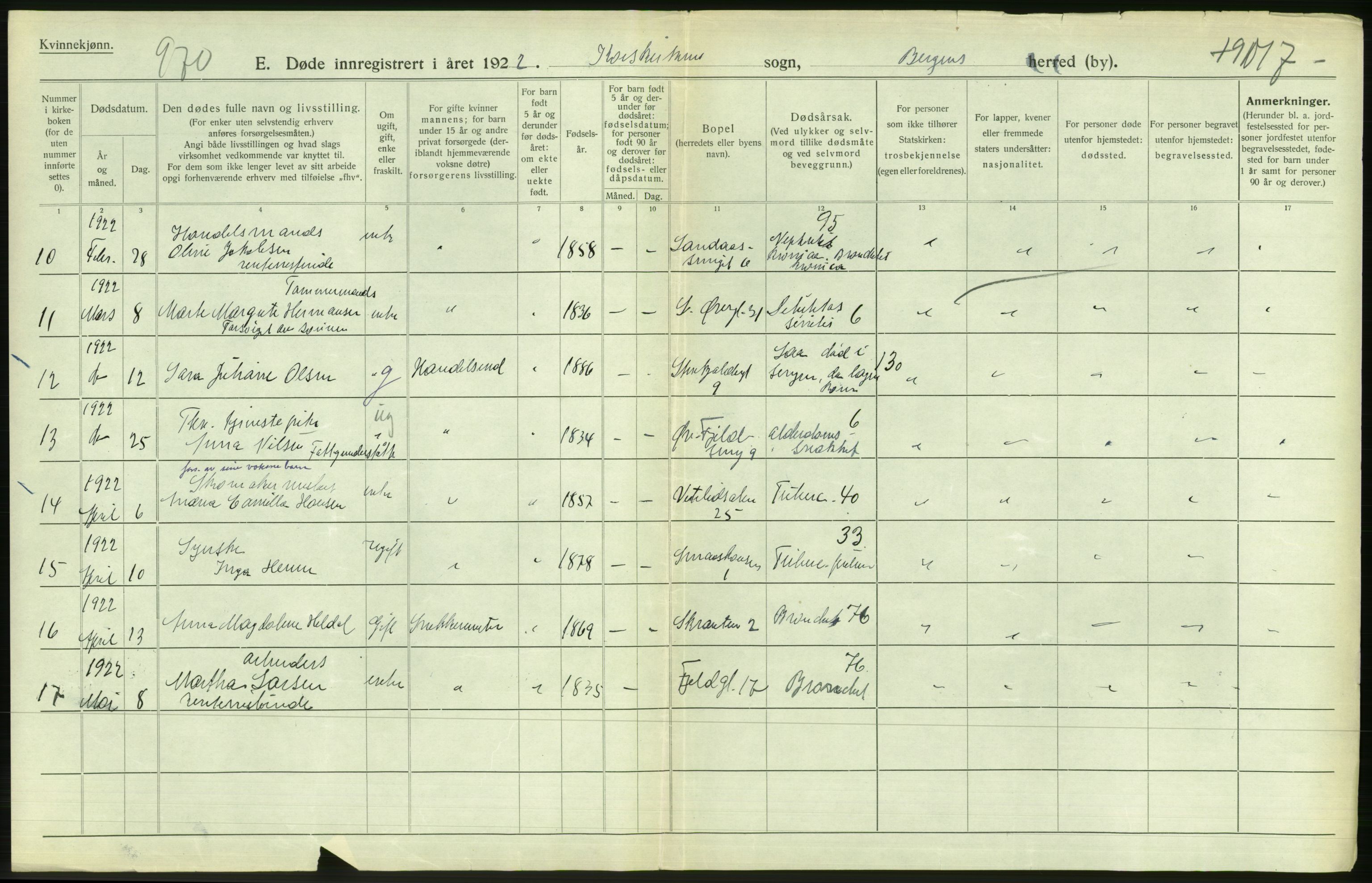 Statistisk sentralbyrå, Sosiodemografiske emner, Befolkning, AV/RA-S-2228/D/Df/Dfc/Dfcb/L0030: Bergen: Gifte, døde, dødfødte., 1922, p. 700