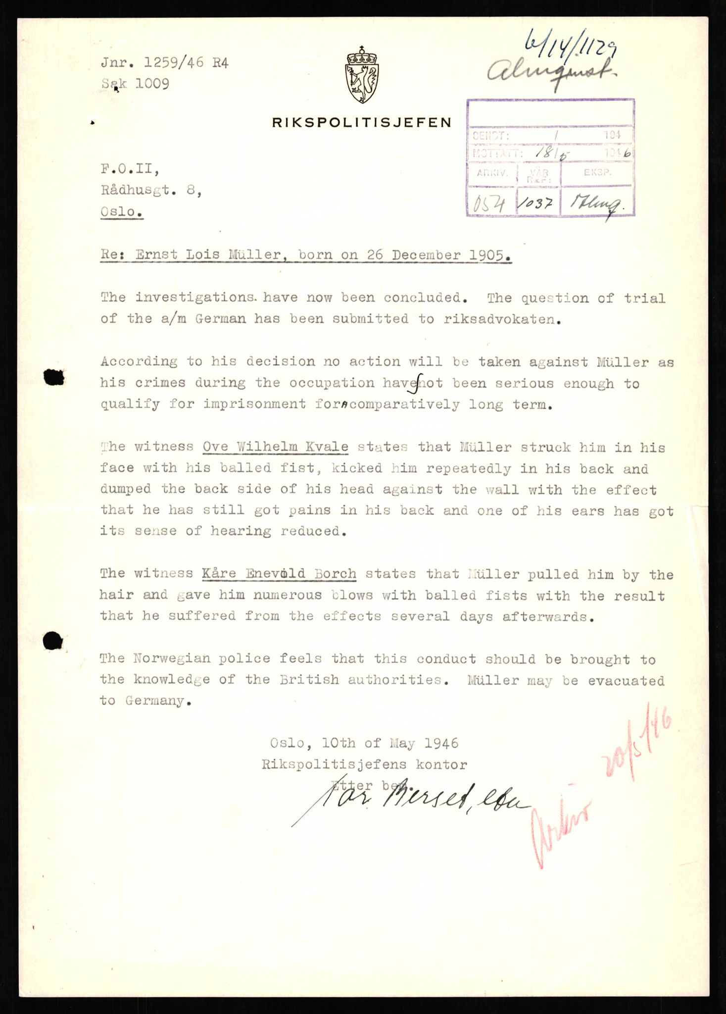 Forsvaret, Forsvarets overkommando II, AV/RA-RAFA-3915/D/Db/L0023: CI Questionaires. Tyske okkupasjonsstyrker i Norge. Tyskere., 1945-1946, p. 19