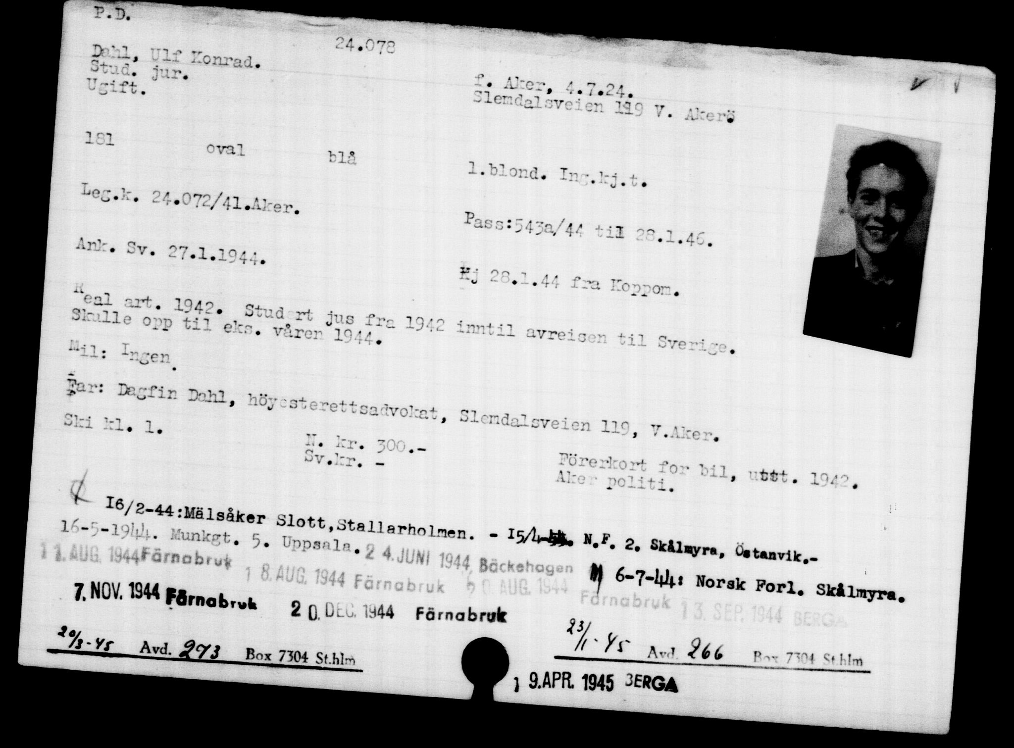Utenriksstasjonene, Legasjonen i Stockholm, Flyktningkontoret, AV/RA-S-6753/V/Va/L0010: Kjesäterkartoteket, flyktninger med registreringsnr. 22000-25314, 1940-1945, p. 2198
