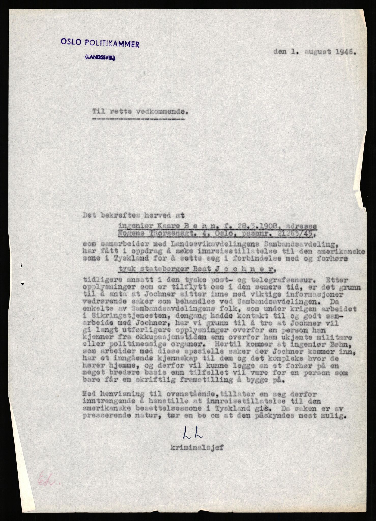 Forsvaret, Forsvarets overkommando II, AV/RA-RAFA-3915/D/Db/L0015: CI Questionaires. Tyske okkupasjonsstyrker i Norge. Tyskere., 1945-1946, p. 101