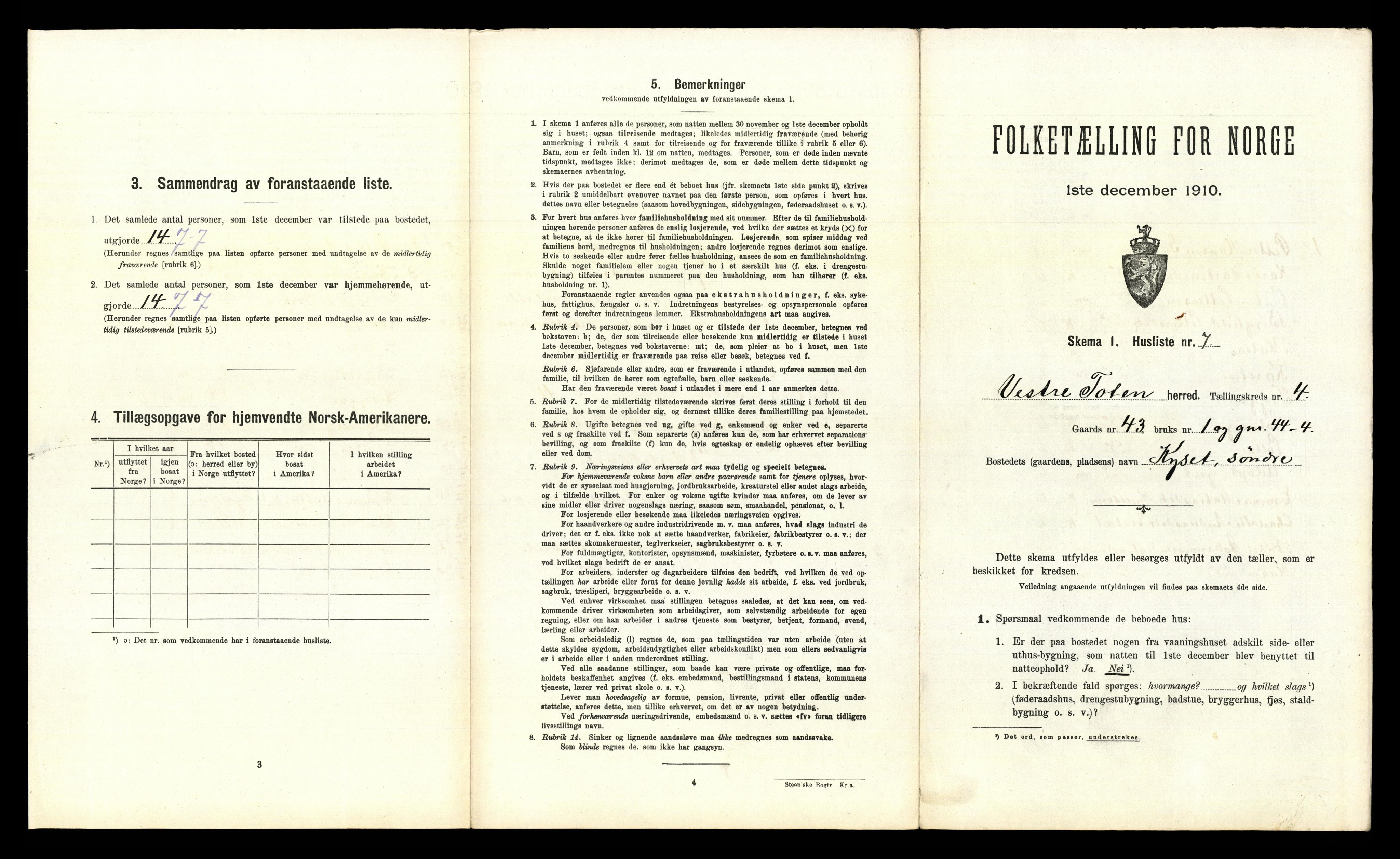 RA, 1910 census for Vestre Toten, 1910, p. 533