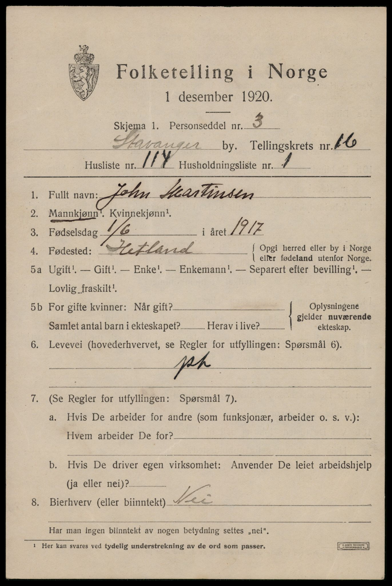 SAST, 1920 census for Stavanger, 1920, p. 65210