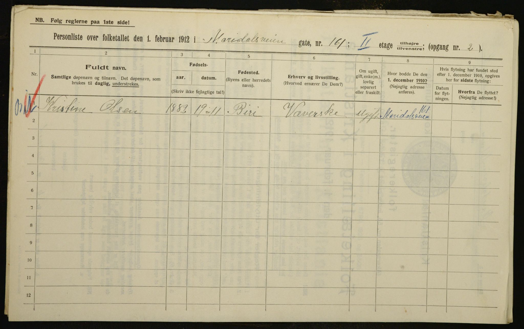 OBA, Municipal Census 1912 for Kristiania, 1912, p. 62634