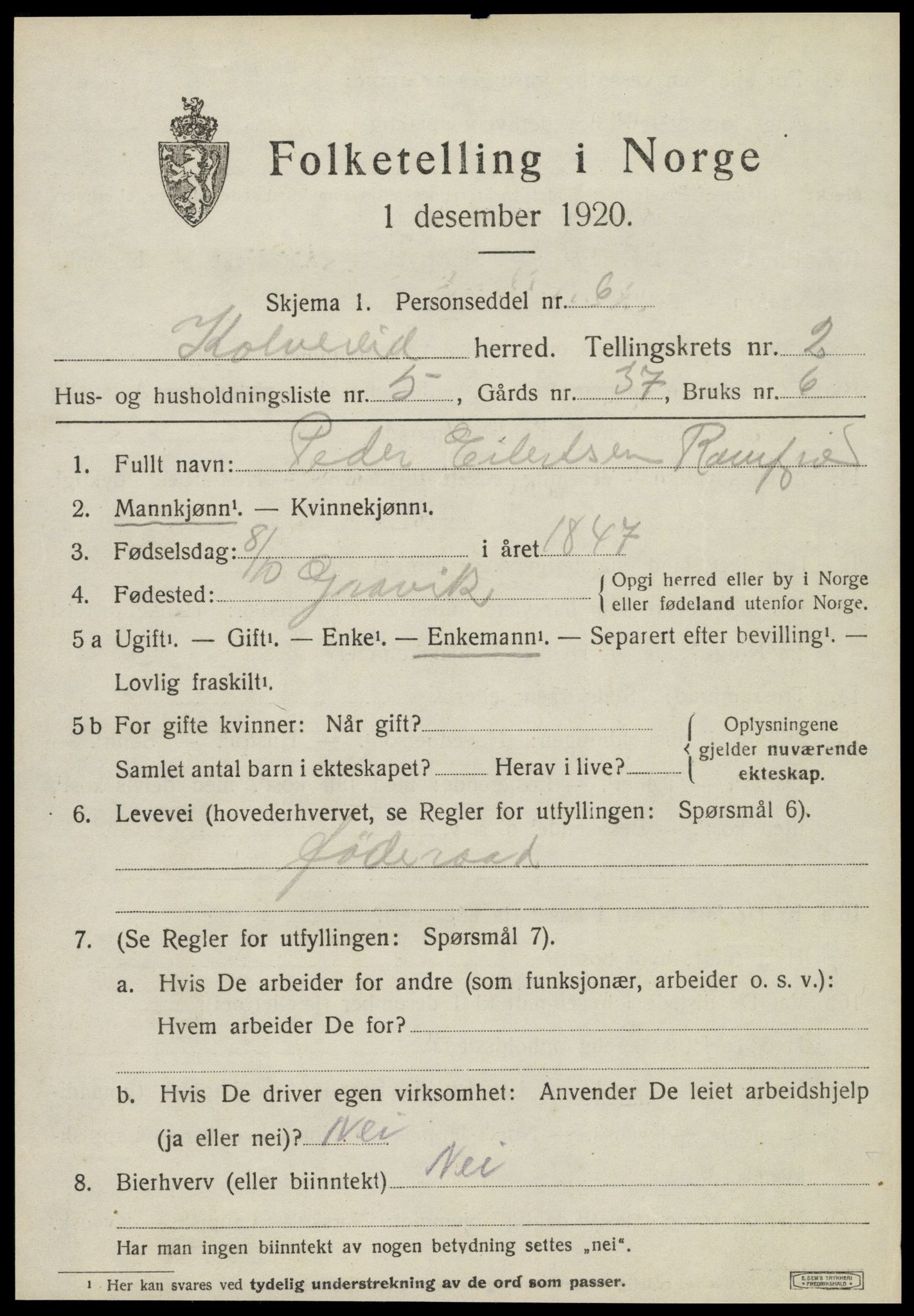 SAT, 1920 census for Kolvereid, 1920, p. 1553