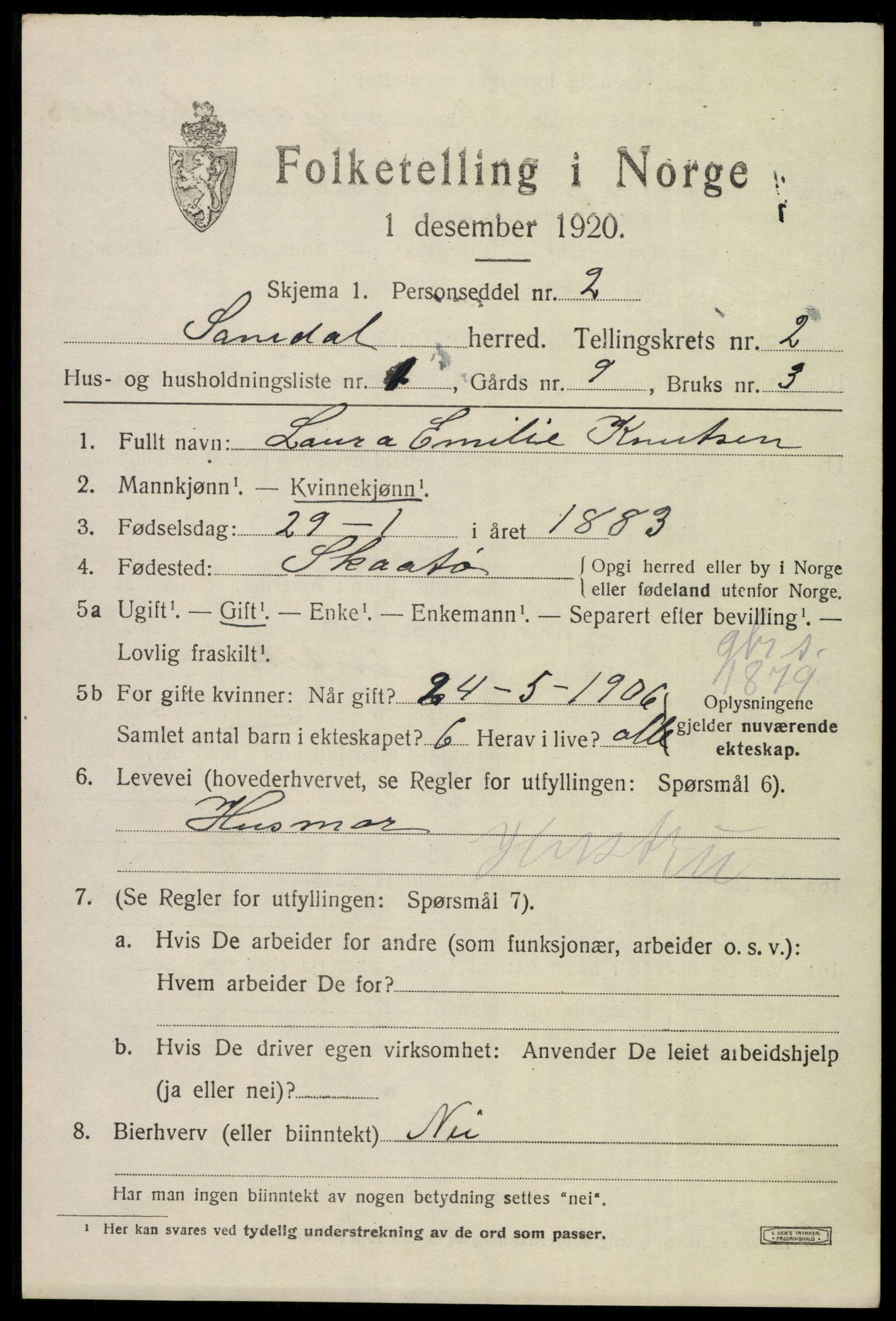 SAKO, 1920 census for Sannidal, 1920, p. 1645