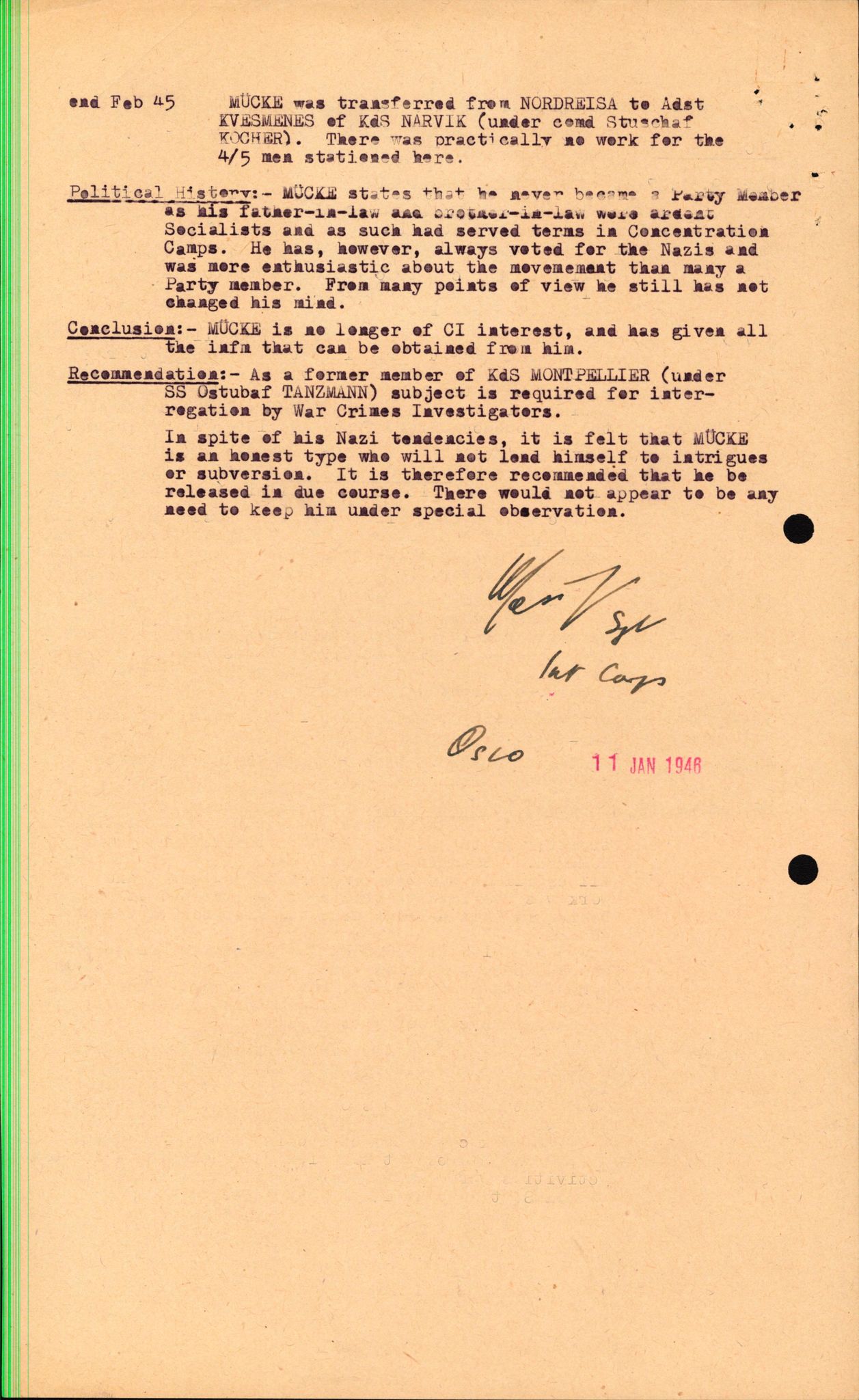 Forsvaret, Forsvarets overkommando II, AV/RA-RAFA-3915/D/Db/L0022: CI Questionaires. Tyske okkupasjonsstyrker i Norge. Tyskere., 1945-1946, p. 488