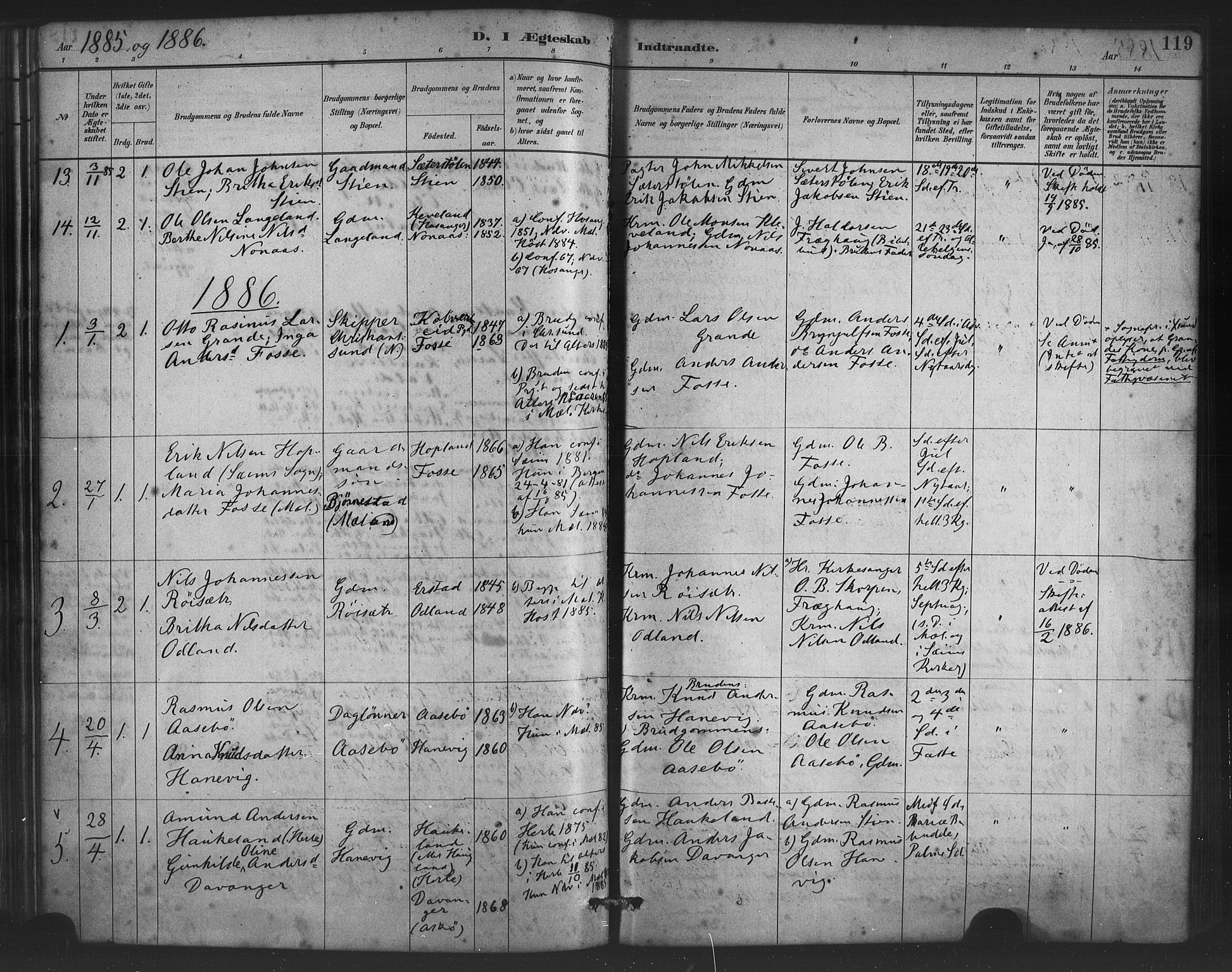 Alversund Sokneprestembete, SAB/A-73901/H/Ha/Haa/Haac/L0001: Parish register (official) no. C 1, 1882-1900, p. 119