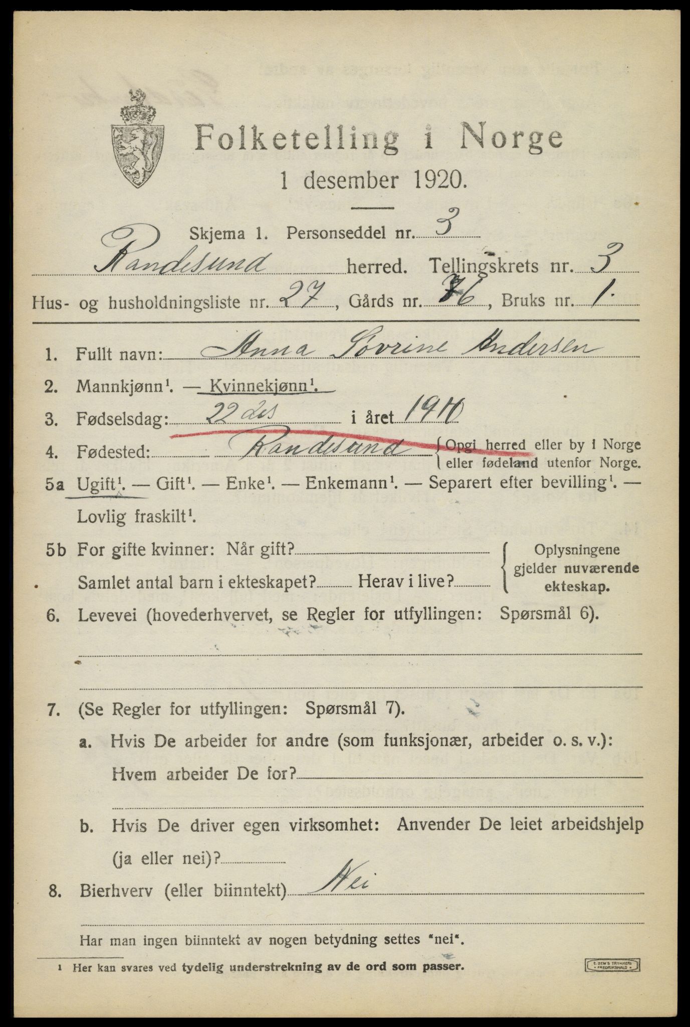 SAK, 1920 census for Randesund, 1920, p. 1762