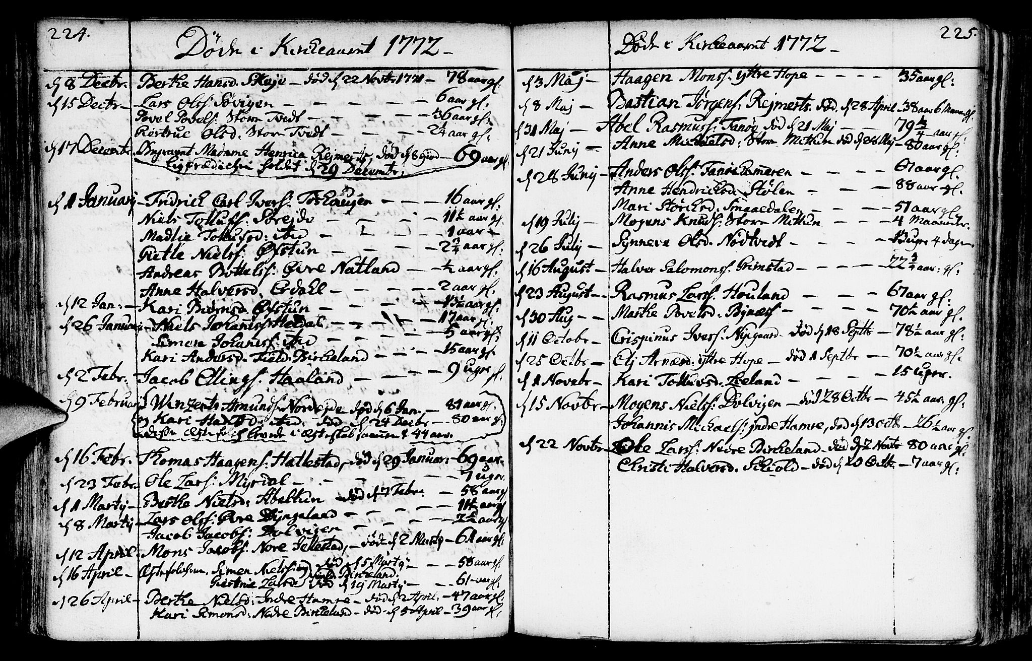 Fana Sokneprestembete, AV/SAB-A-75101/H/Haa/Haaa/L0004: Parish register (official) no. A 4, 1757-1774, p. 224-225