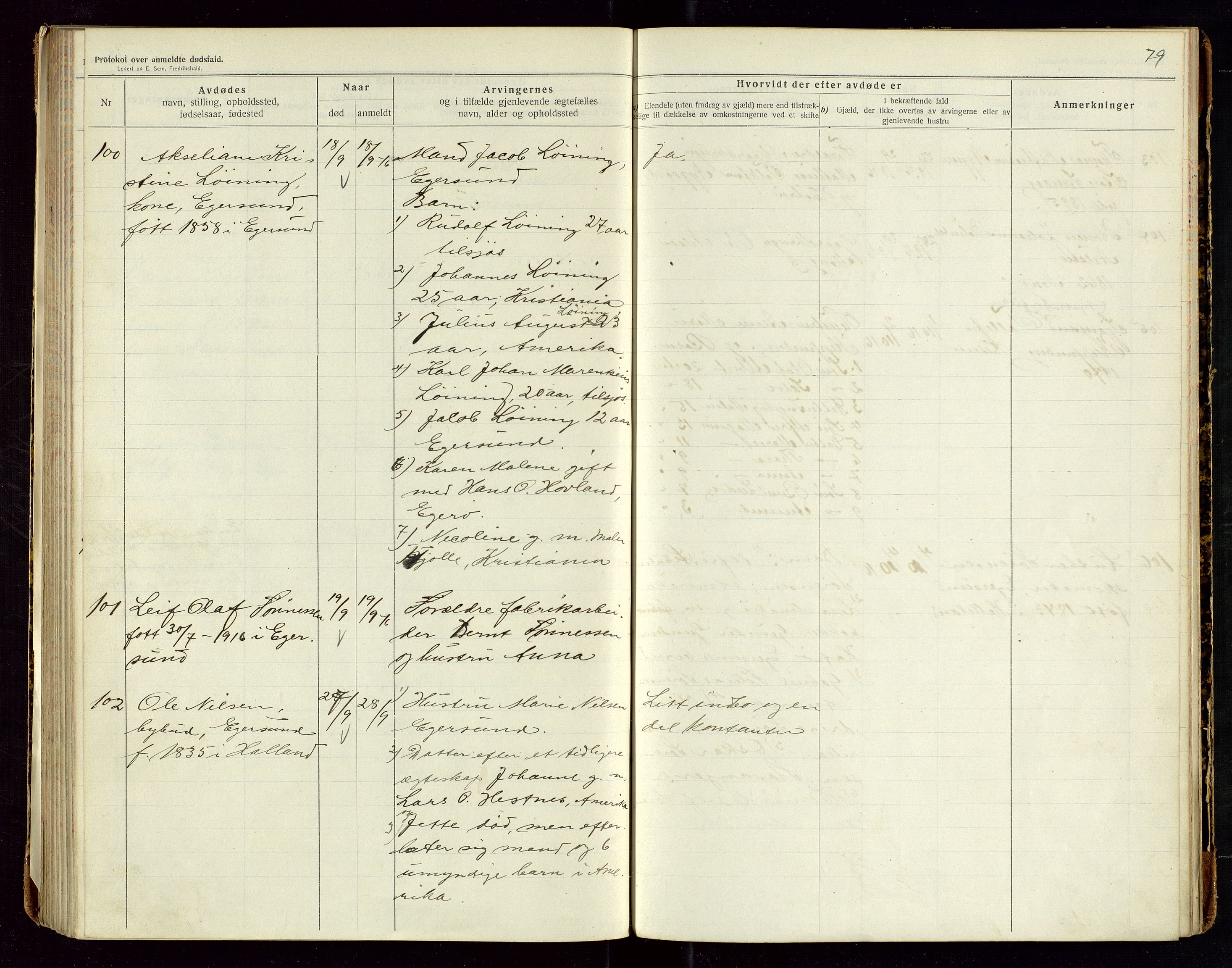Eigersund lensmannskontor, AV/SAST-A-100171/Gga/L0006: "Protokol over anmeldte dødsfald" m/alfabetisk navneregister, 1914-1917, p. 79