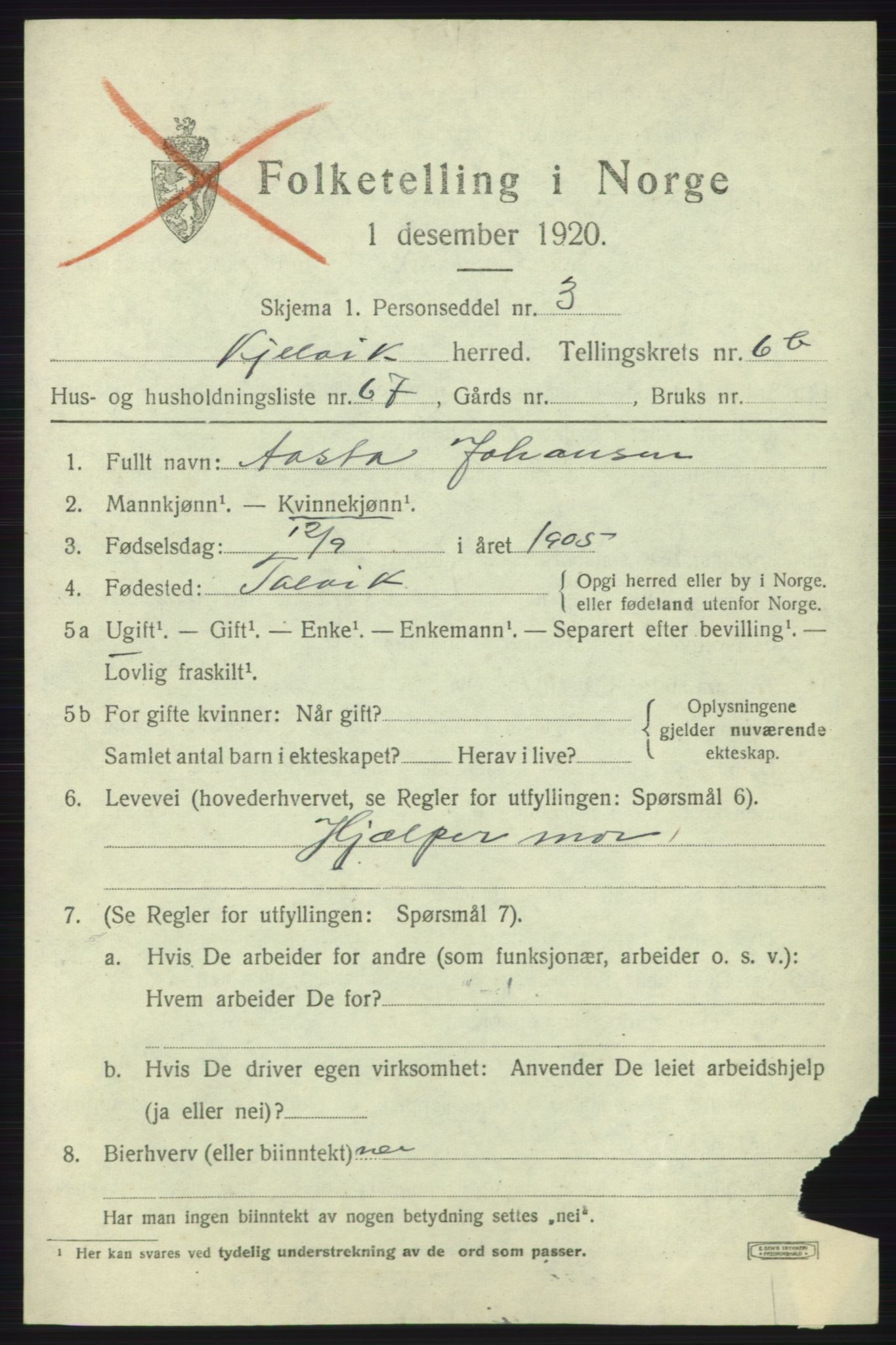 SATØ, 1920 census for Kjelvik, 1920, p. 4317