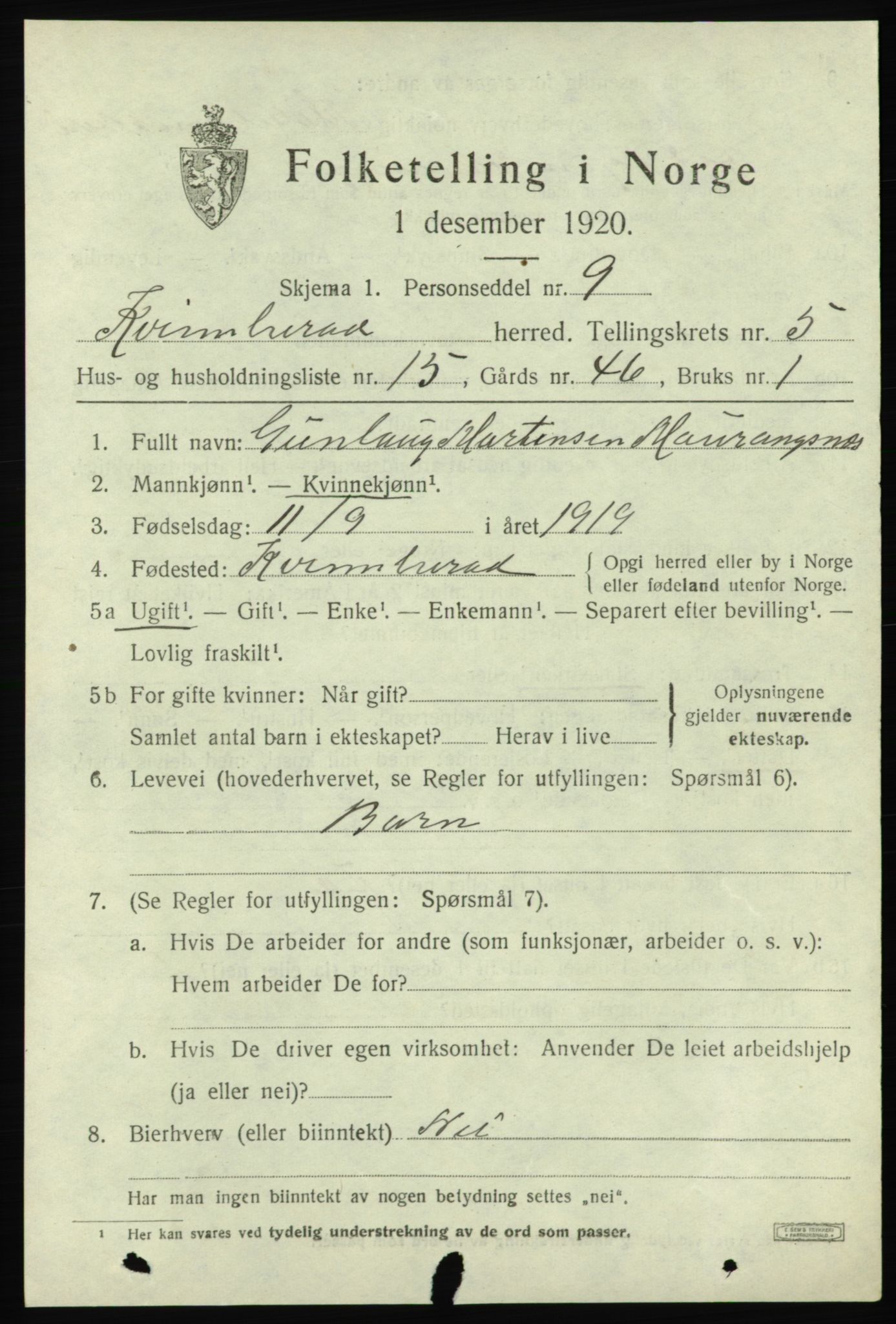 SAB, 1920 census for Kvinnherad, 1920, p. 6214