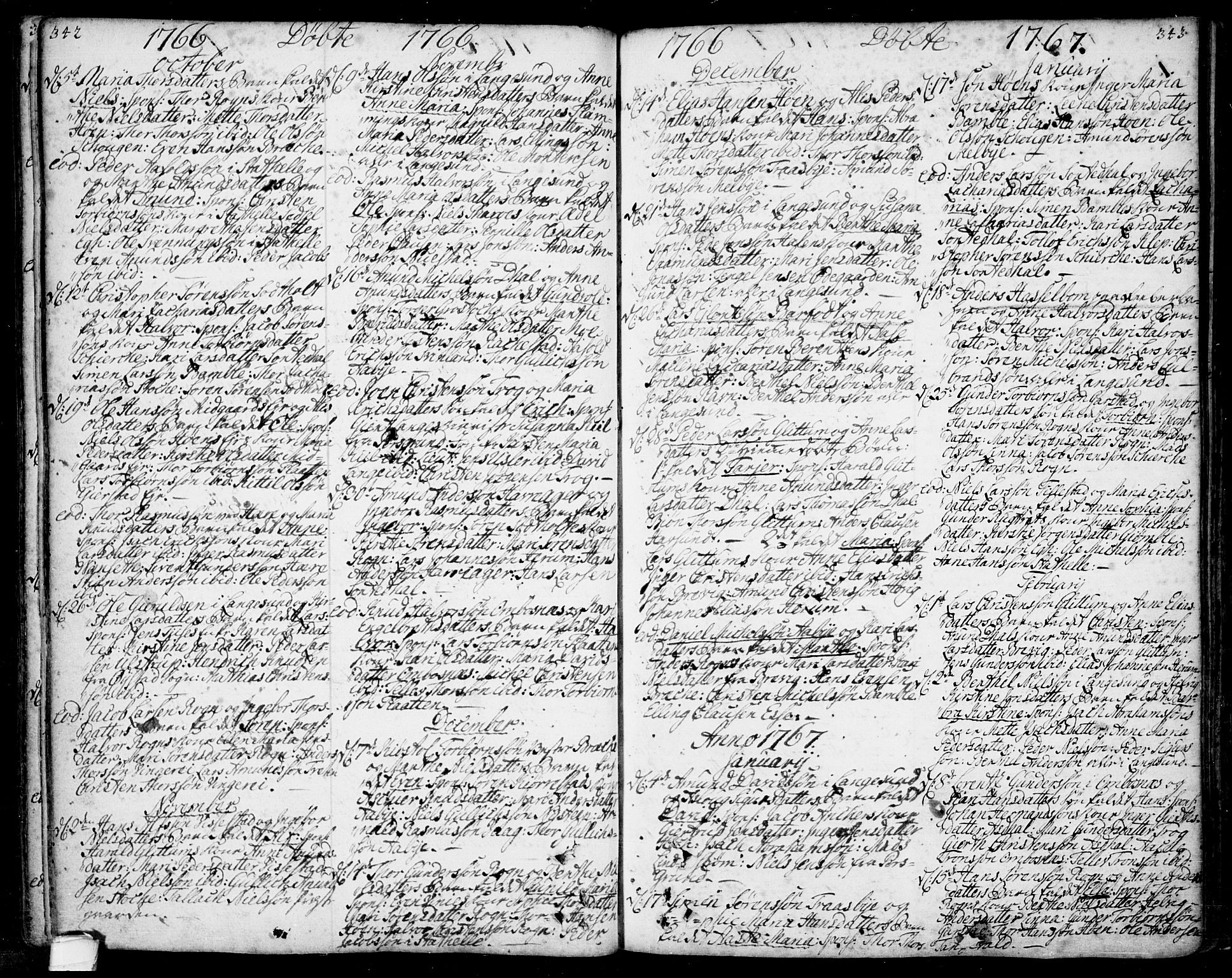 Bamble kirkebøker, AV/SAKO-A-253/F/Fa/L0001: Parish register (official) no. I 1, 1702-1774, p. 342-343