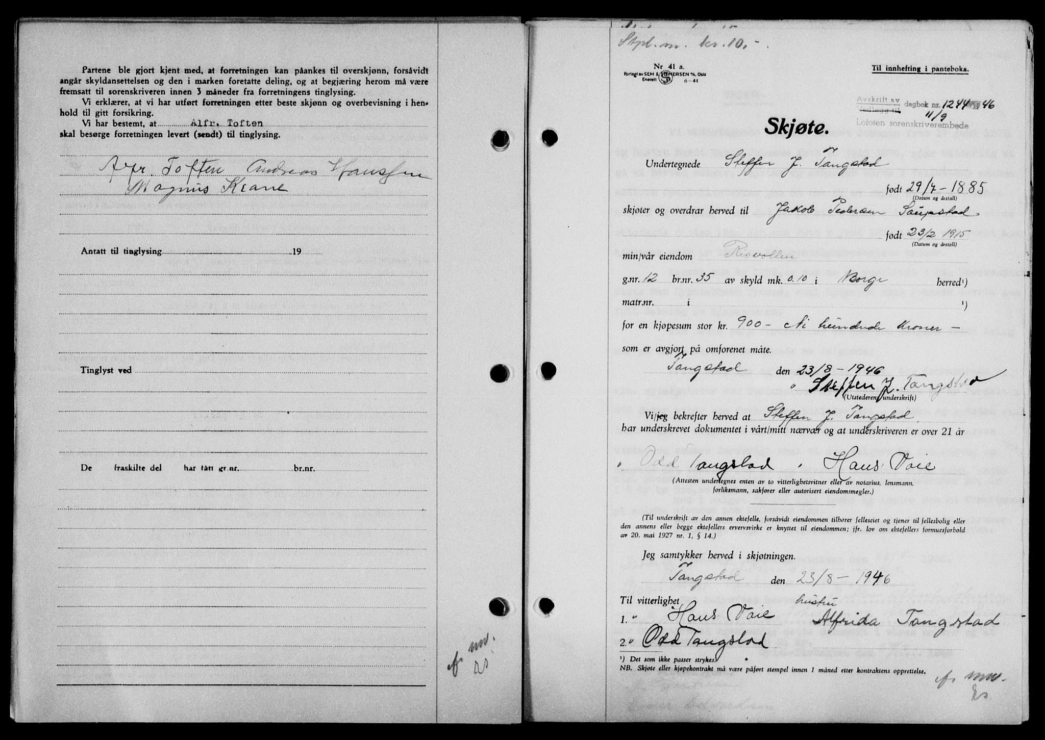 Lofoten sorenskriveri, SAT/A-0017/1/2/2C/L0014a: Mortgage book no. 14a, 1946-1946, Diary no: : 1244/1946