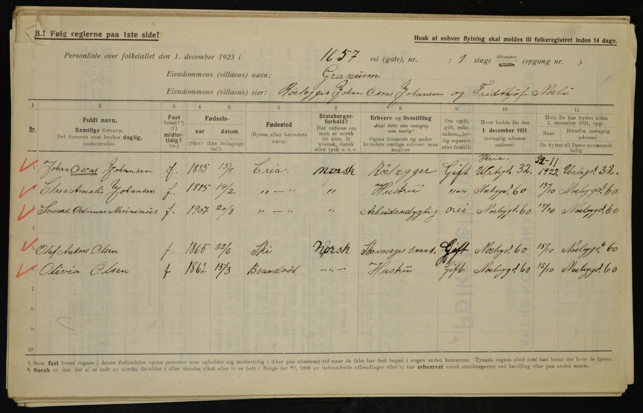 , Municipal Census 1923 for Aker, 1923, p. 42185