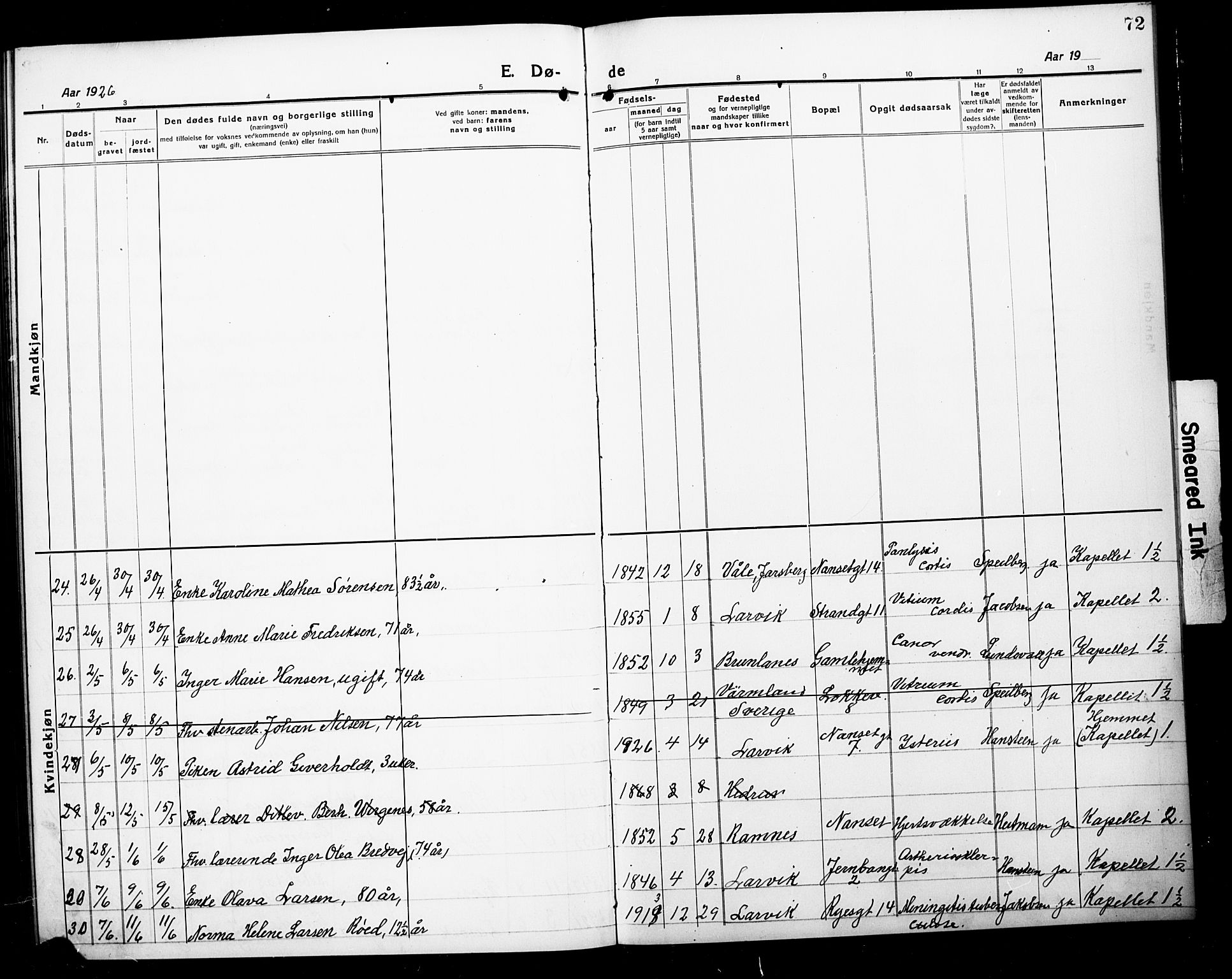 Larvik kirkebøker, AV/SAKO-A-352/G/Ga/L0010: Parish register (copy) no. I 10, 1919-1926, p. 72