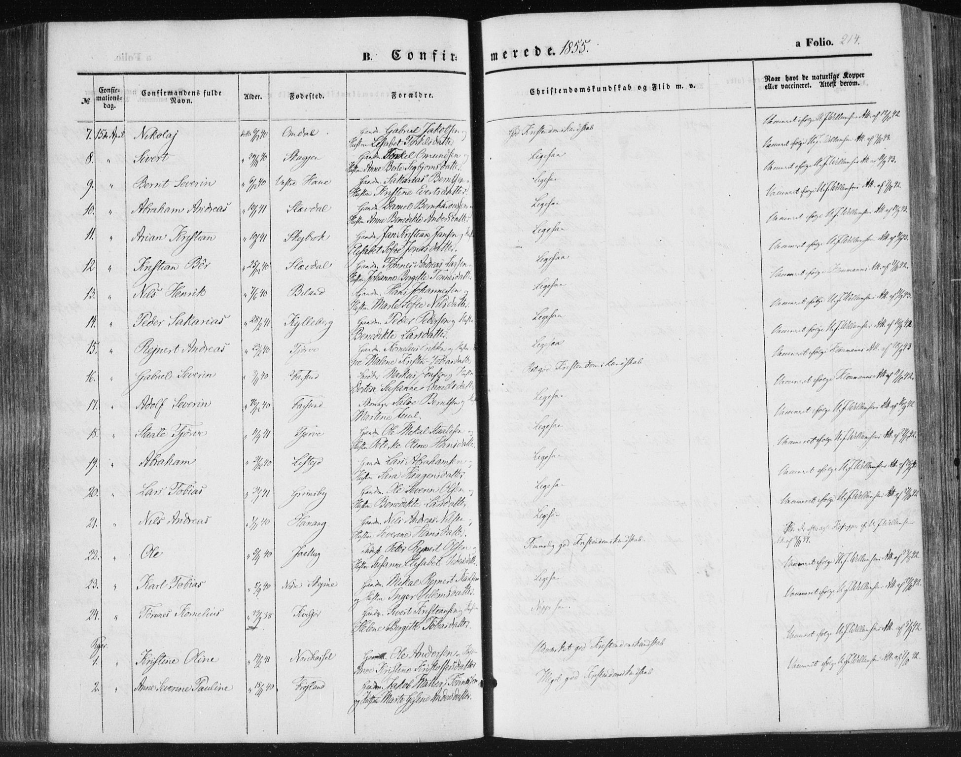 Lista sokneprestkontor, SAK/1111-0027/F/Fa/L0010: Parish register (official) no. A 10, 1846-1861, p. 214