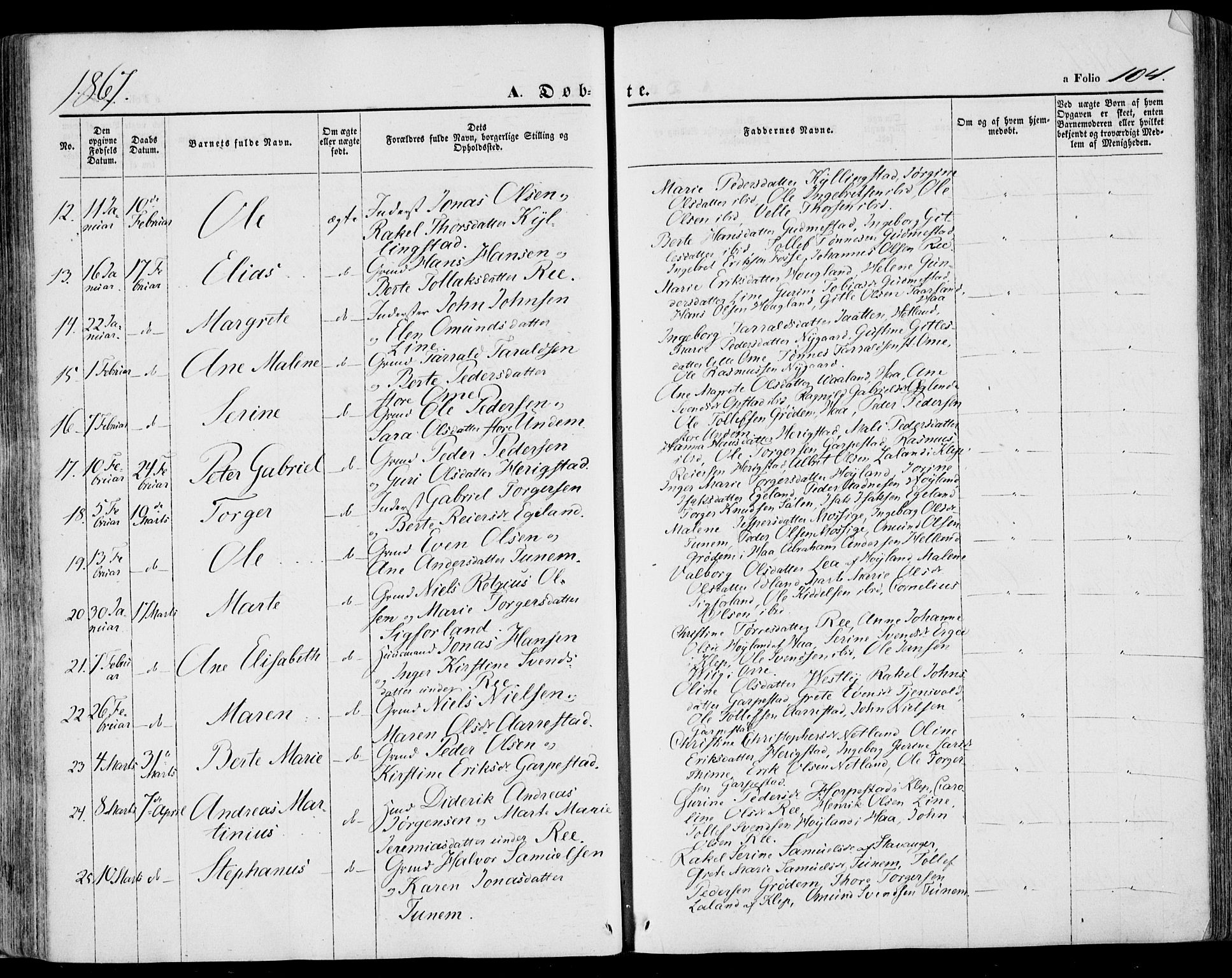 Lye sokneprestkontor, SAST/A-101794/001/30BA/L0007: Parish register (official) no. A 6, 1856-1871, p. 104