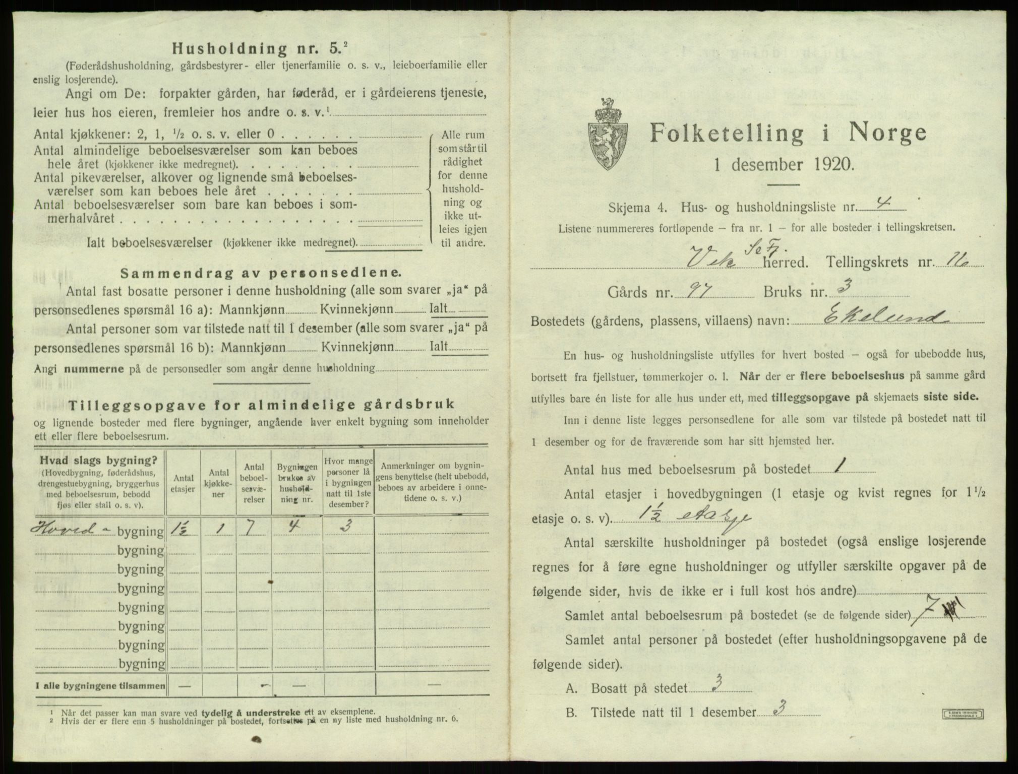 SAB, 1920 census for Vik, 1920, p. 1295