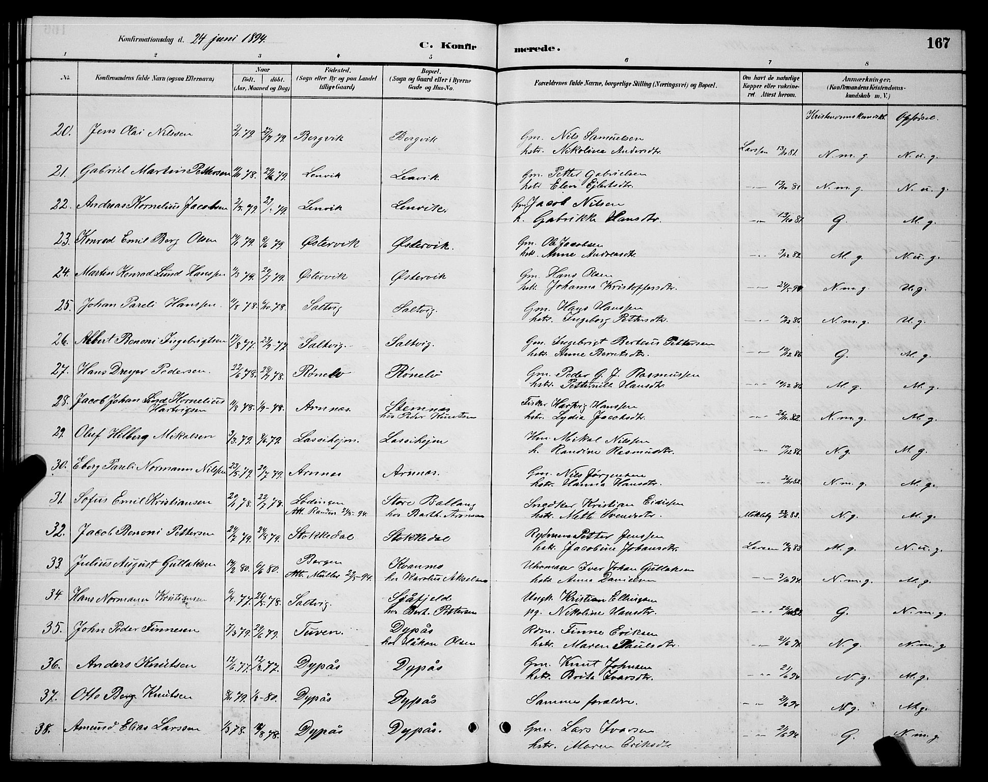 Ministerialprotokoller, klokkerbøker og fødselsregistre - Nordland, AV/SAT-A-1459/863/L0914: Parish register (copy) no. 863C04, 1886-1897, p. 167