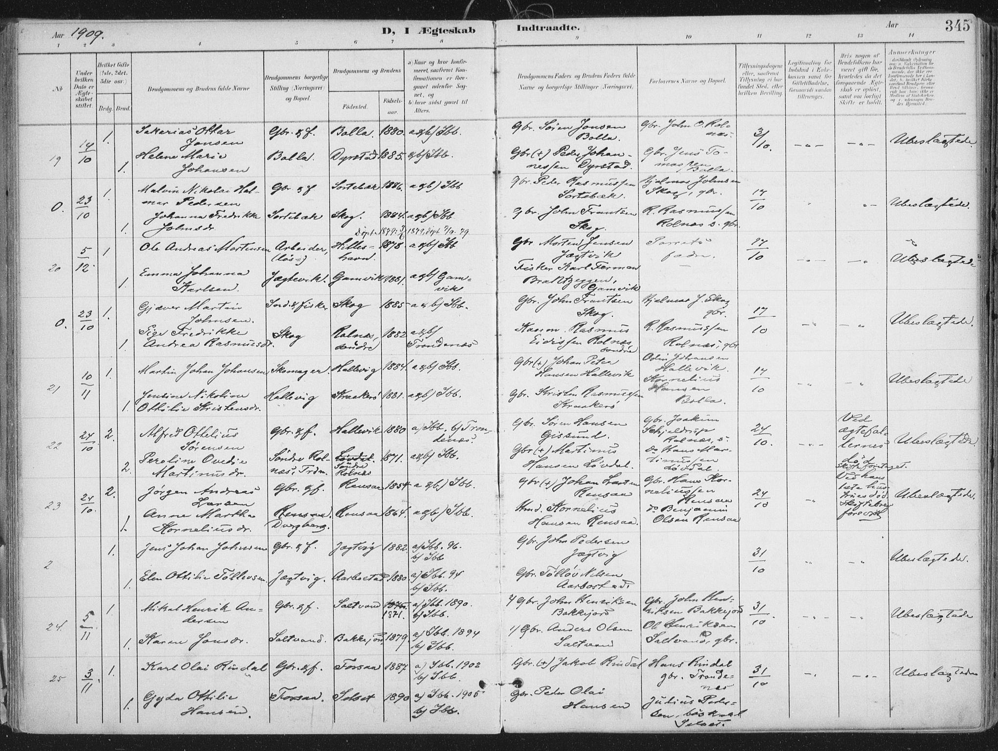 Ibestad sokneprestembete, SATØ/S-0077/H/Ha/Haa/L0017kirke: Parish register (official) no. 17, 1901-1914, p. 345