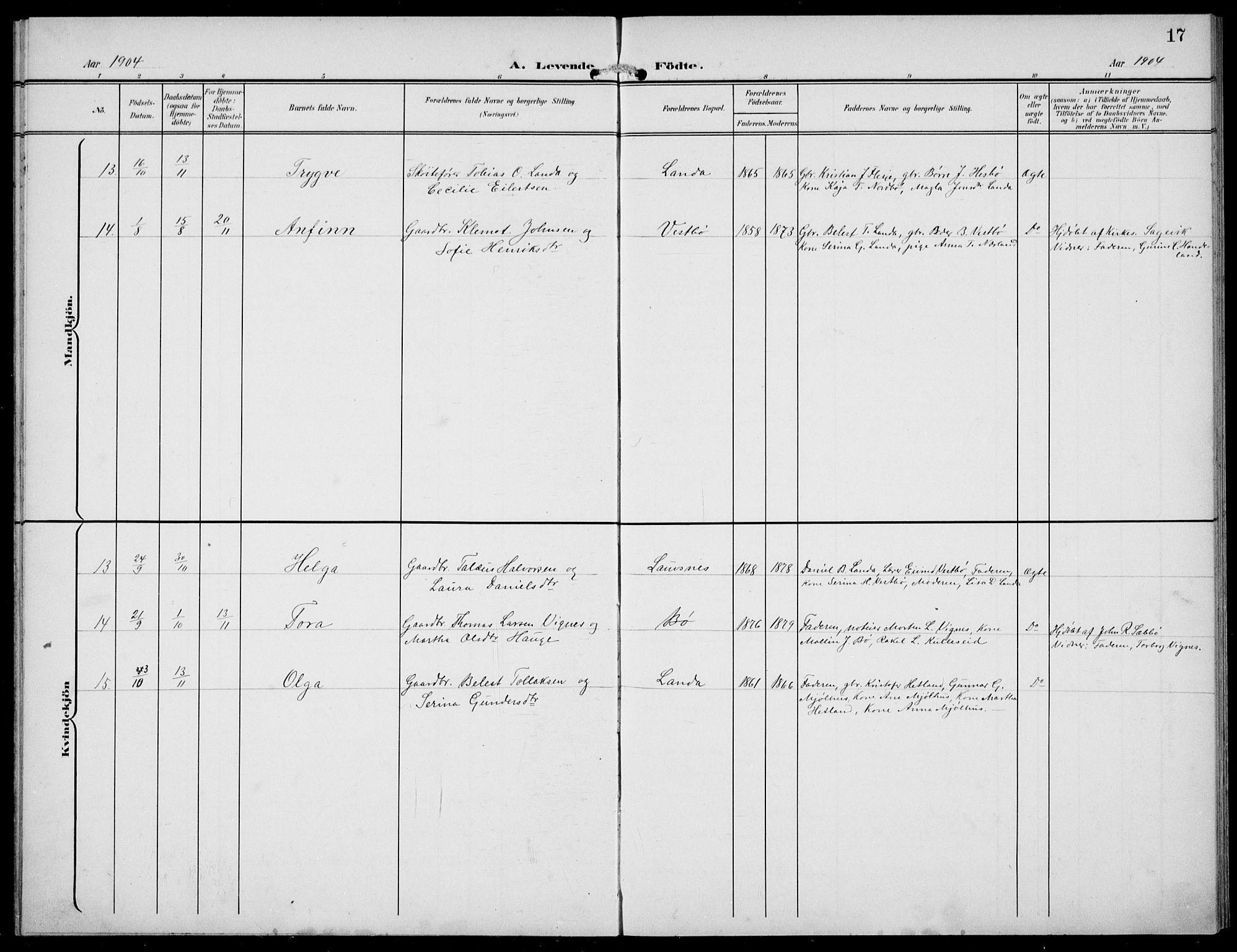 Finnøy sokneprestkontor, AV/SAST-A-101825/H/Ha/Hab/L0006: Parish register (copy) no. B 6, 1900-1934, p. 17