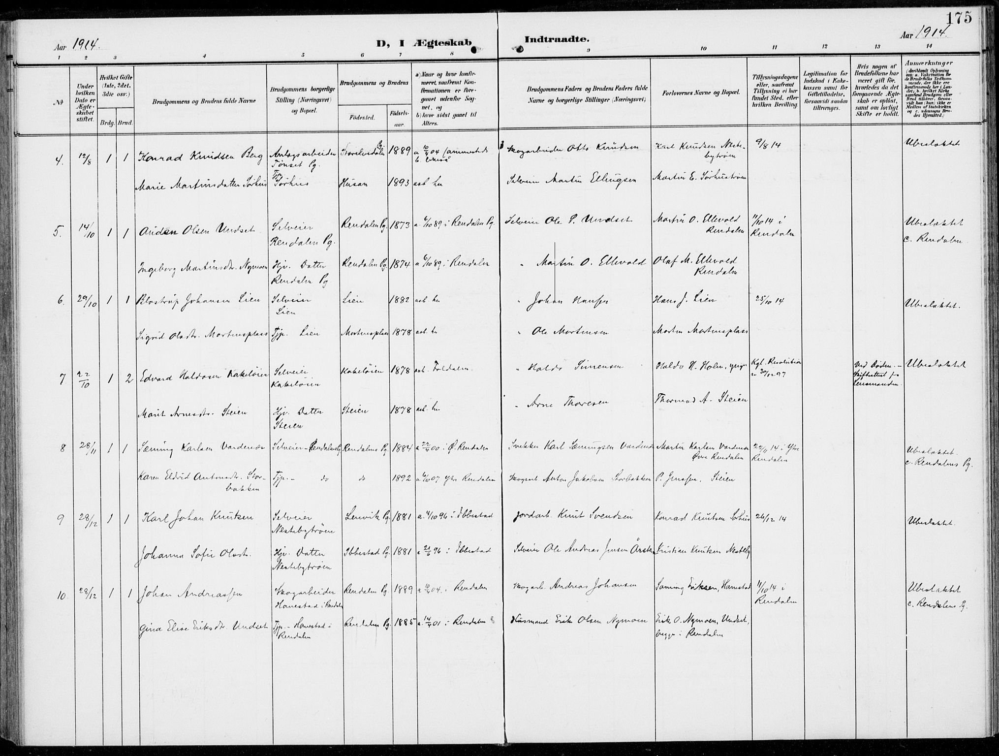 Alvdal prestekontor, AV/SAH-PREST-060/H/Ha/Haa/L0004: Parish register (official) no. 4, 1907-1919, p. 175