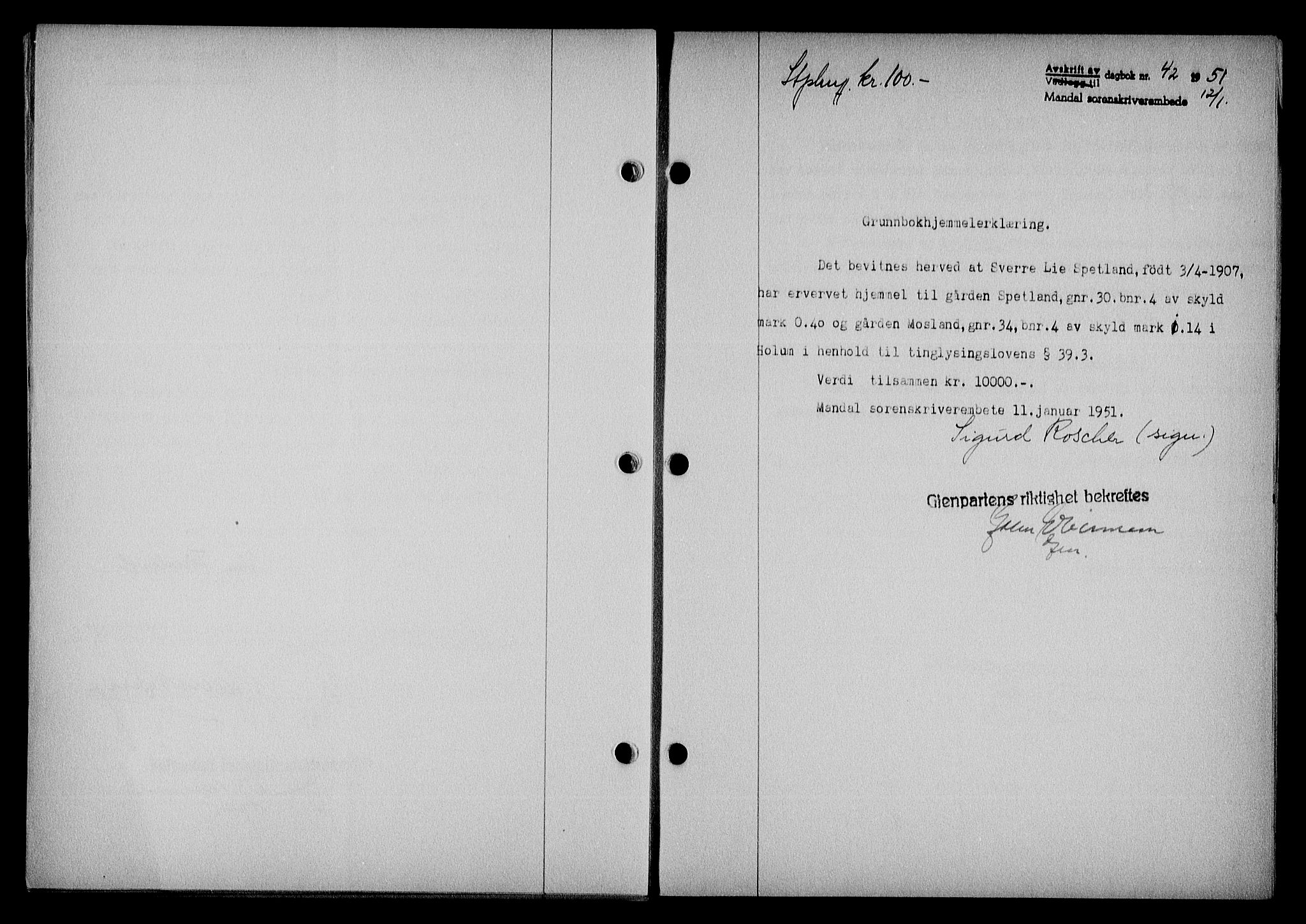 Mandal sorenskriveri, AV/SAK-1221-0005/001/G/Gb/Gba/L0083: Mortgage book no. A-20, 1950-1951, Diary no: : 42/1951