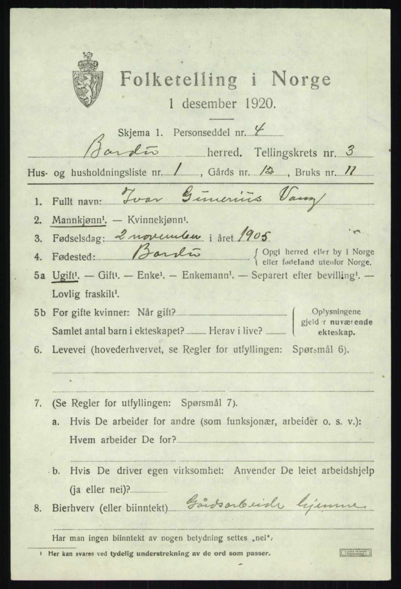 SATØ, 1920 census for Bardu, 1920, p. 1163