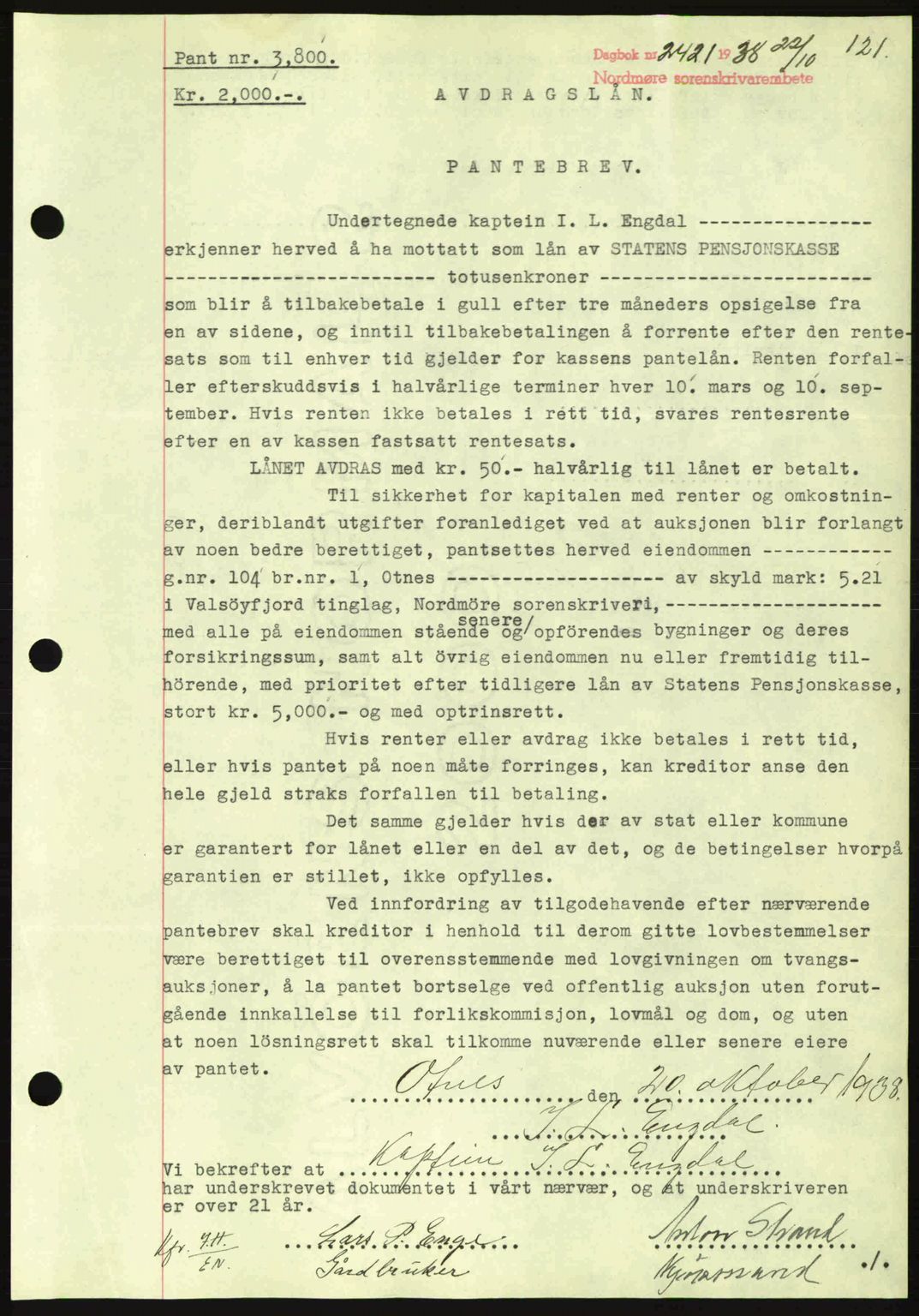 Nordmøre sorenskriveri, SAT/A-4132/1/2/2Ca: Mortgage book no. B84, 1938-1939, Diary no: : 2421/1938
