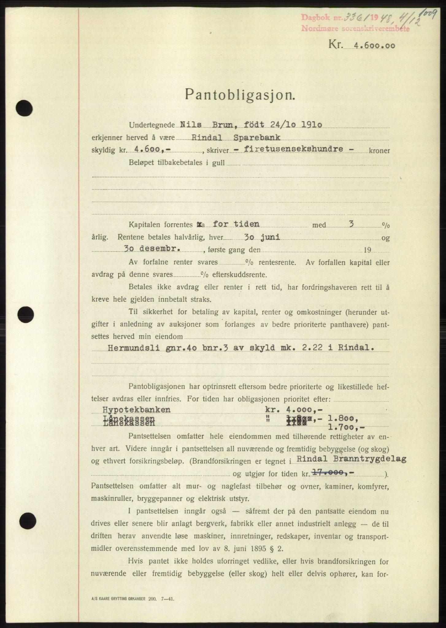 Nordmøre sorenskriveri, AV/SAT-A-4132/1/2/2Ca: Mortgage book no. B100, 1948-1949, Diary no: : 3361/1948