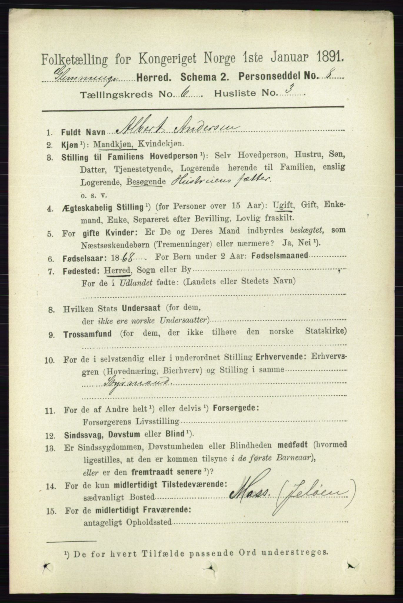 RA, 1891 census for 0132 Glemmen, 1891, p. 7526