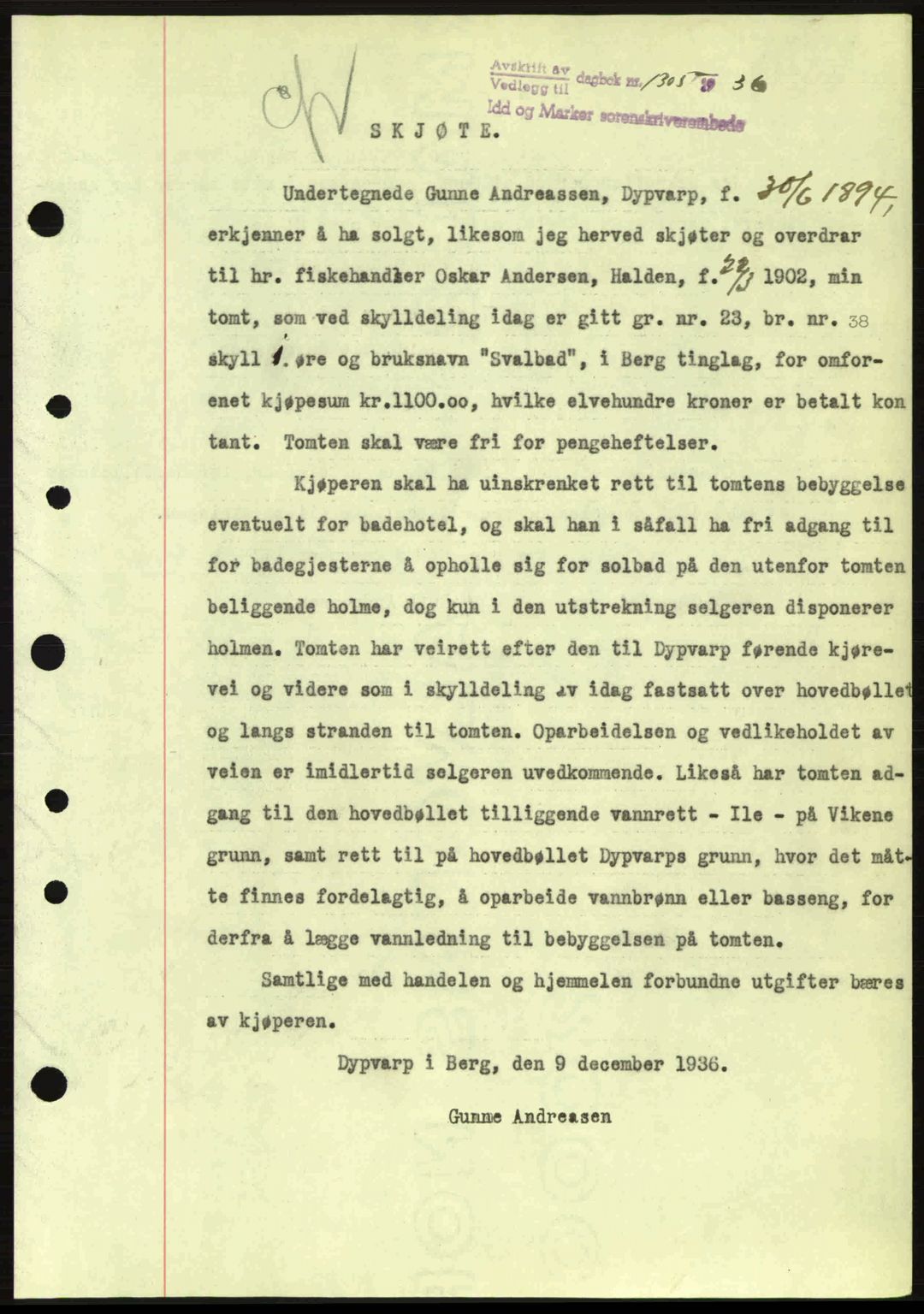 Idd og Marker sorenskriveri, AV/SAO-A-10283/G/Gb/Gbb/L0001: Mortgage book no. A1, 1936-1937, Diary no: : 1305/1936