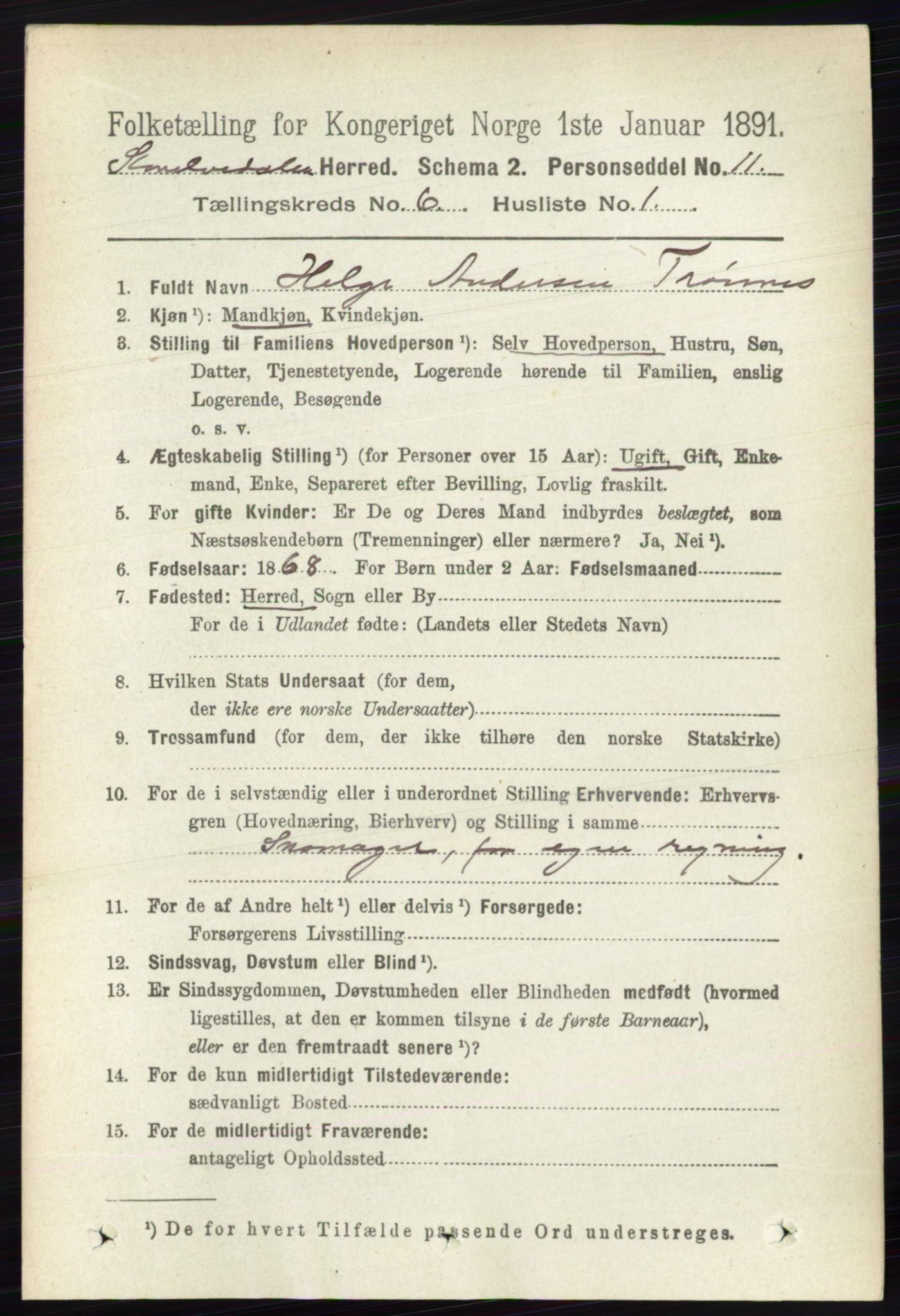 RA, 1891 census for 0430 Stor-Elvdal, 1891, p. 2111