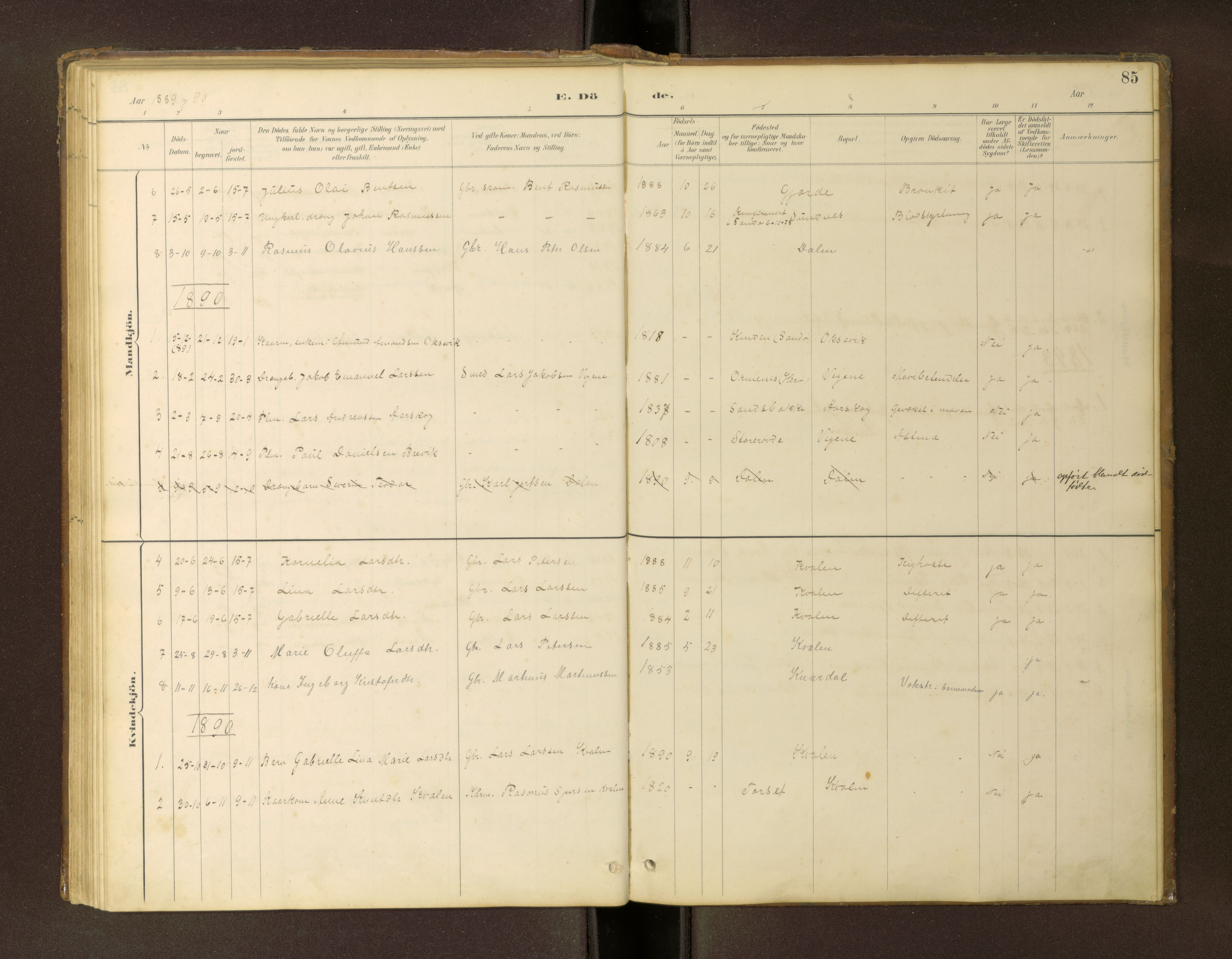 Ministerialprotokoller, klokkerbøker og fødselsregistre - Møre og Romsdal, SAT/A-1454/504/L0060: Parish register (copy) no. 504C02, 1884-1903, p. 85