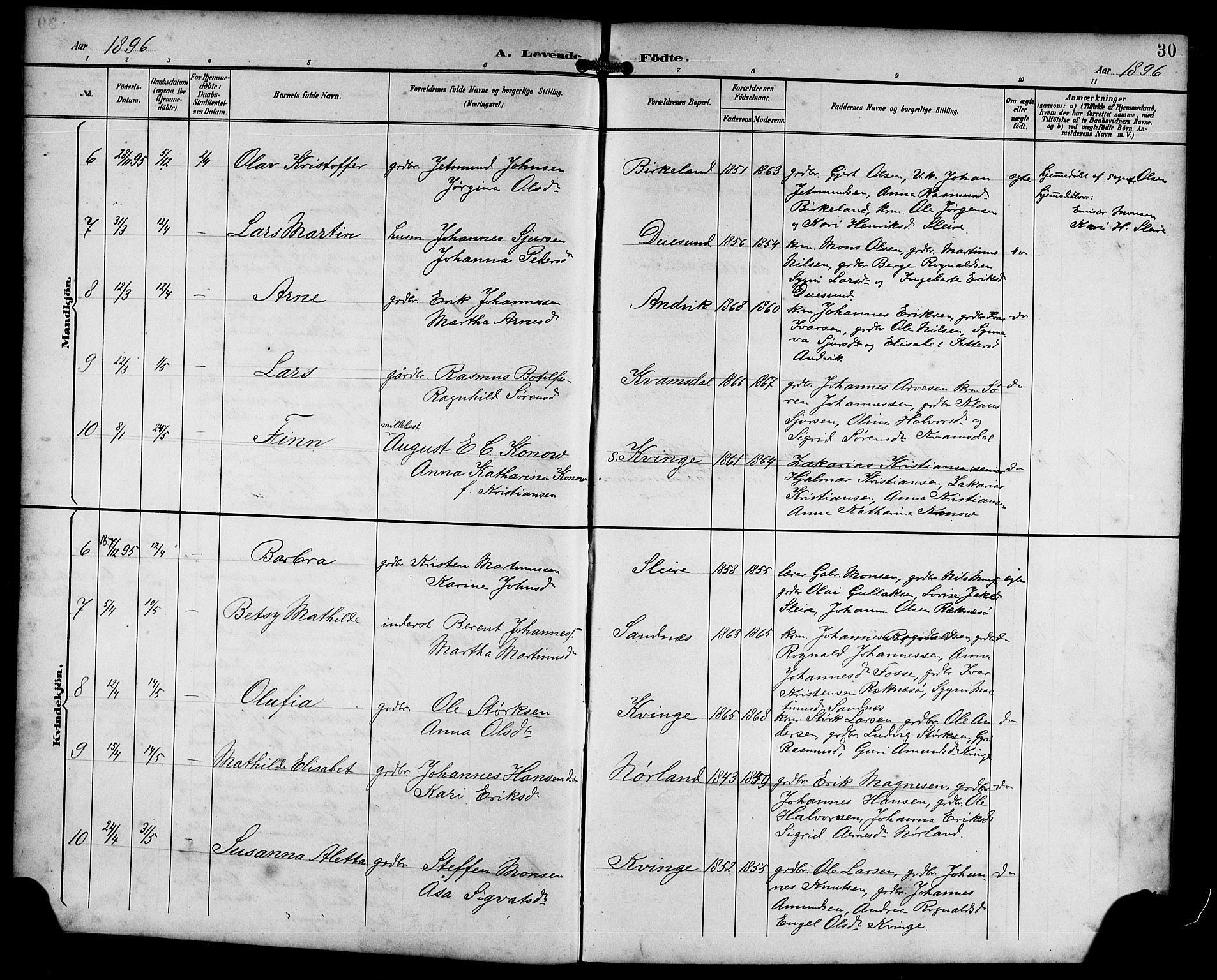 Masfjorden sokneprestembete, AV/SAB-A-77001: Parish register (copy) no. B 1, 1892-1913, p. 30