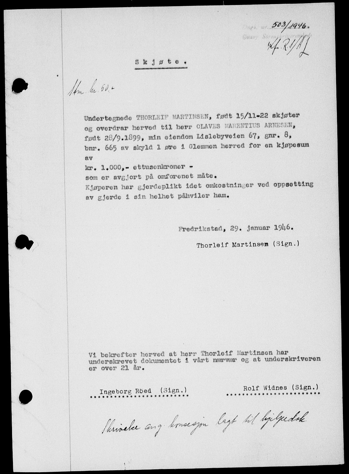 Onsøy sorenskriveri, SAO/A-10474/G/Ga/Gab/L0015: Mortgage book no. II A-15, 1945-1946, Diary no: : 503/1946