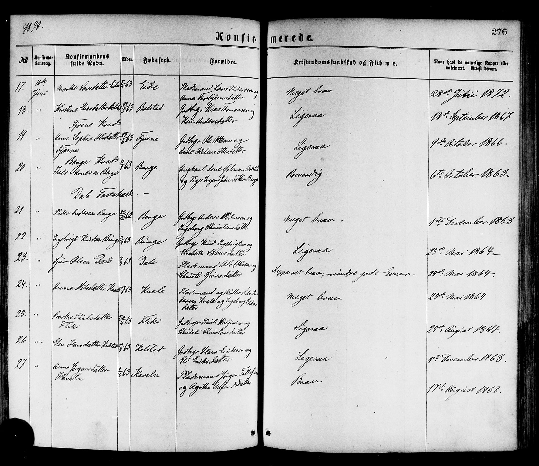 Luster sokneprestembete, AV/SAB-A-81101/H/Haa/Haaa/L0010: Parish register (official) no. A 10, 1871-1886, p. 276