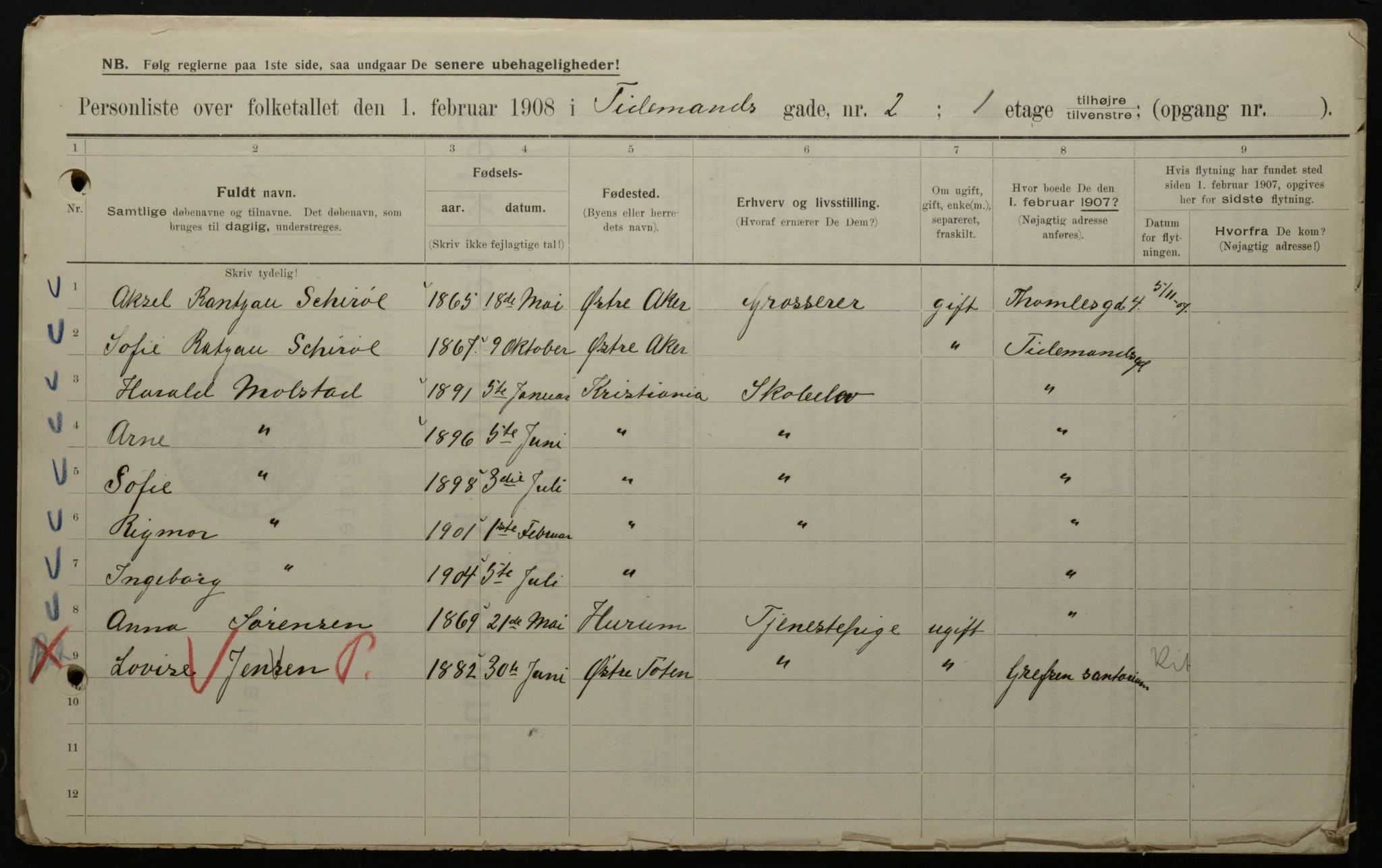 OBA, Municipal Census 1908 for Kristiania, 1908, p. 100110