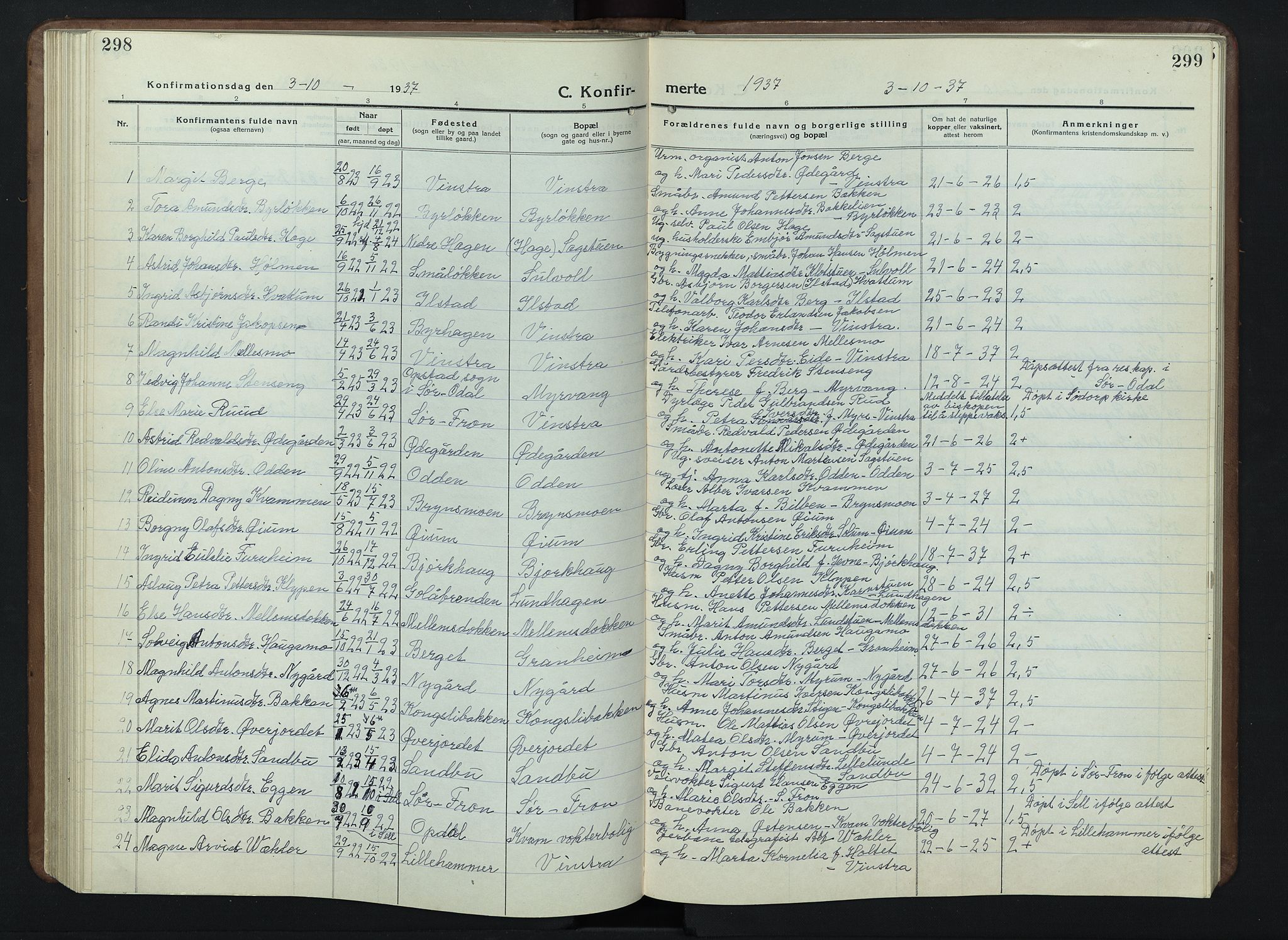 Nord-Fron prestekontor, SAH/PREST-080/H/Ha/Hab/L0007: Parish register (copy) no. 7, 1915-1946, p. 298-299