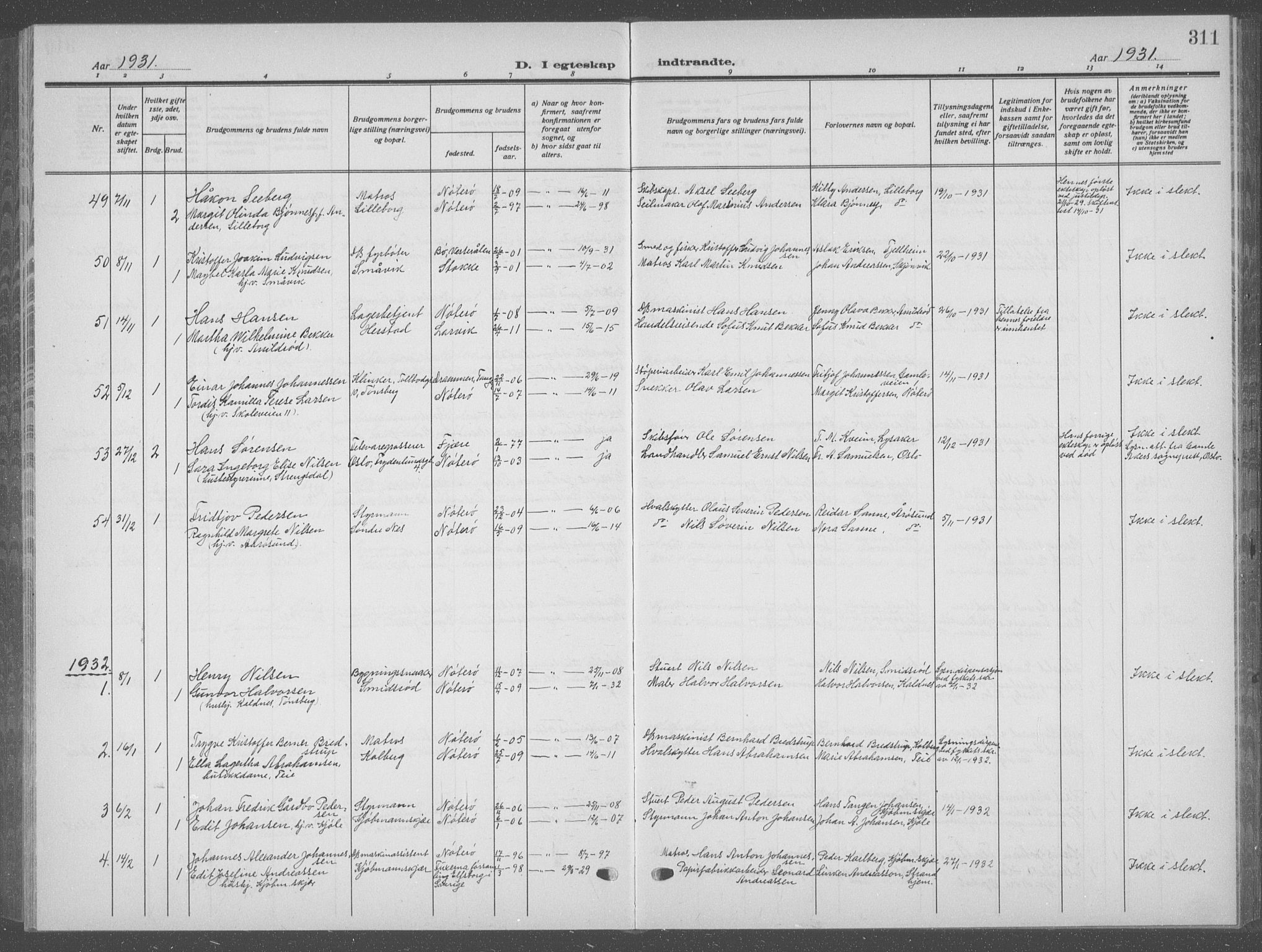 Nøtterøy kirkebøker, AV/SAKO-A-354/G/Ga/L0006: Parish register (copy) no. I 6, 1925-1939, p. 311