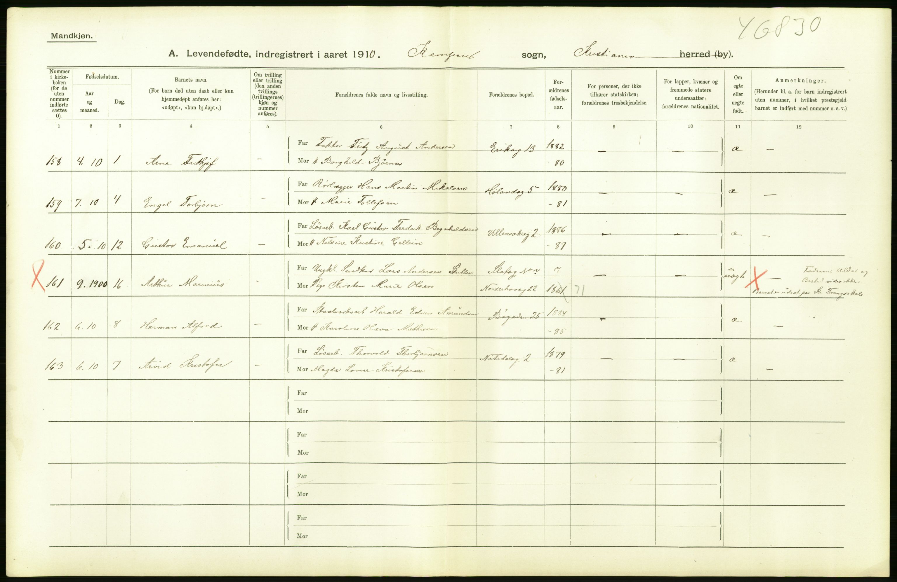 Statistisk sentralbyrå, Sosiodemografiske emner, Befolkning, AV/RA-S-2228/D/Df/Dfa/Dfah/L0006: Kristiania: Levendefødte menn., 1910, p. 324