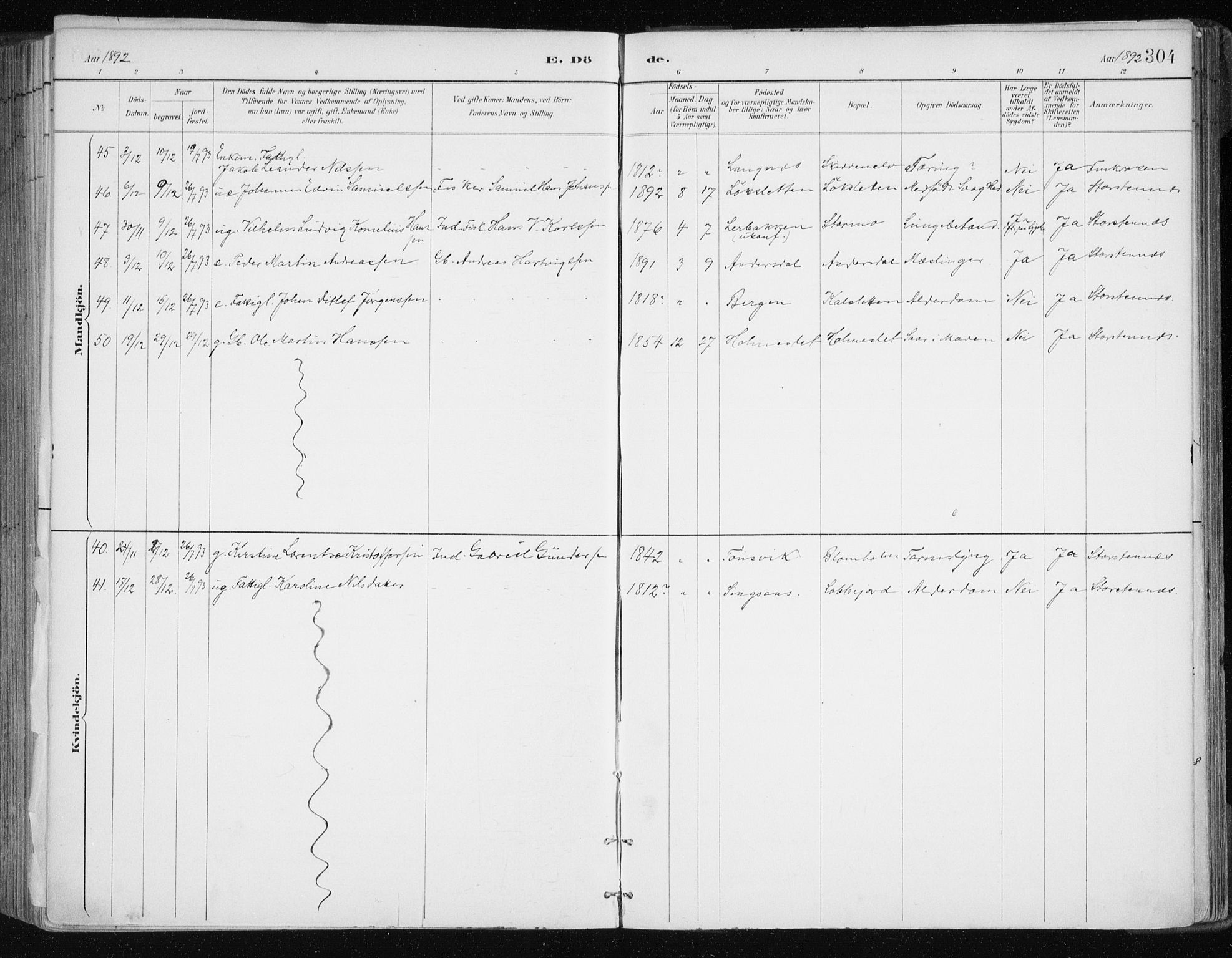 Tromsøysund sokneprestkontor, SATØ/S-1304/G/Ga/L0005kirke: Parish register (official) no. 5, 1888-1896, p. 304