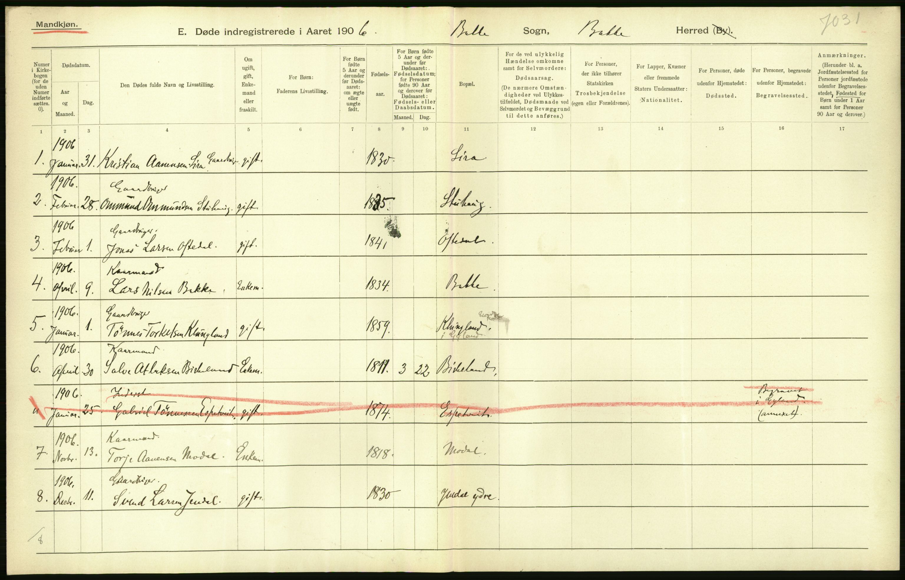 Statistisk sentralbyrå, Sosiodemografiske emner, Befolkning, AV/RA-S-2228/D/Df/Dfa/Dfad/L0024: Lister og Mandals amt: Gifte, døde, dødfødte. Bygder og byer., 1906, p. 148