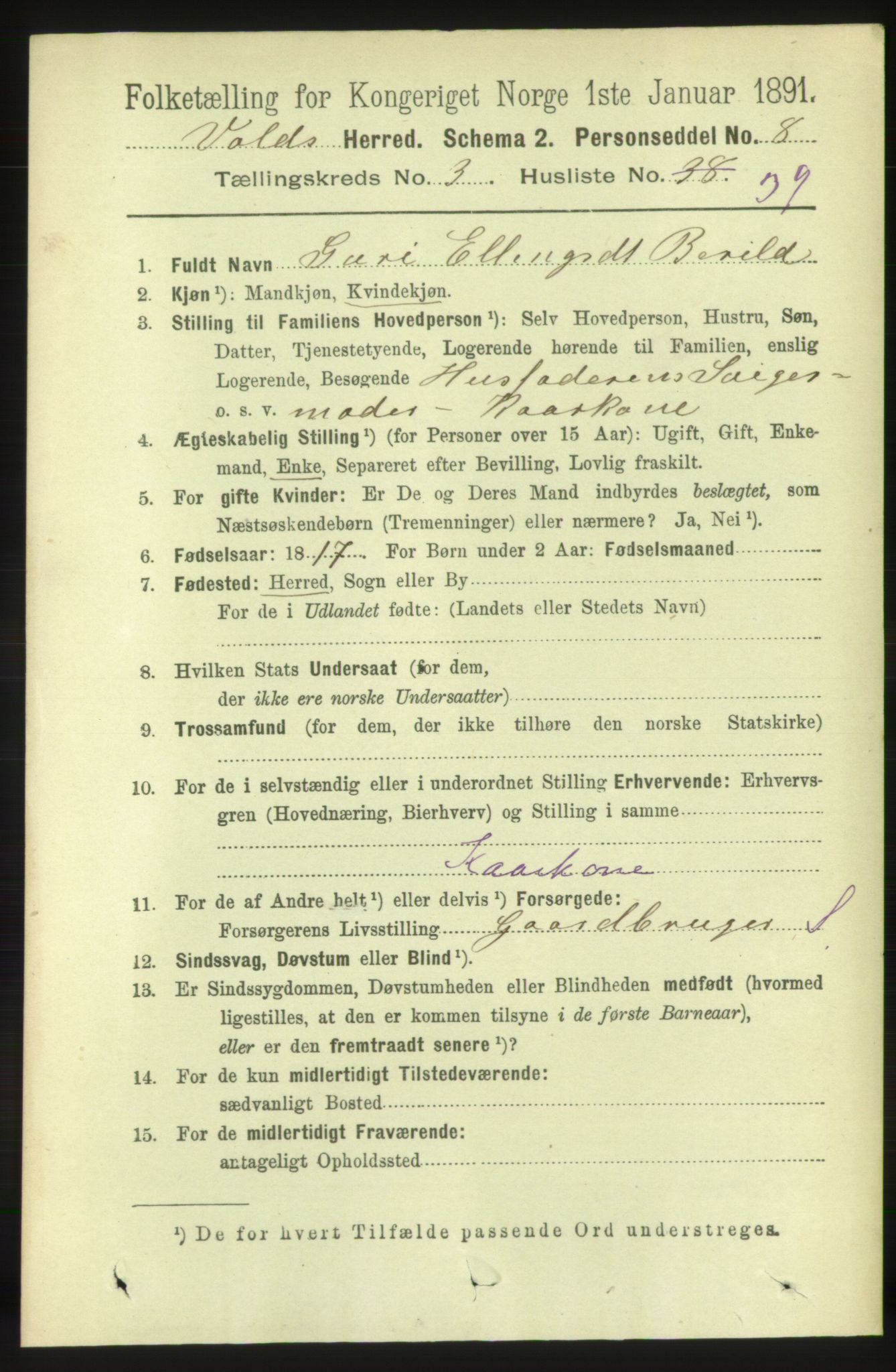 RA, 1891 census for 1537 Voll, 1891, p. 1199