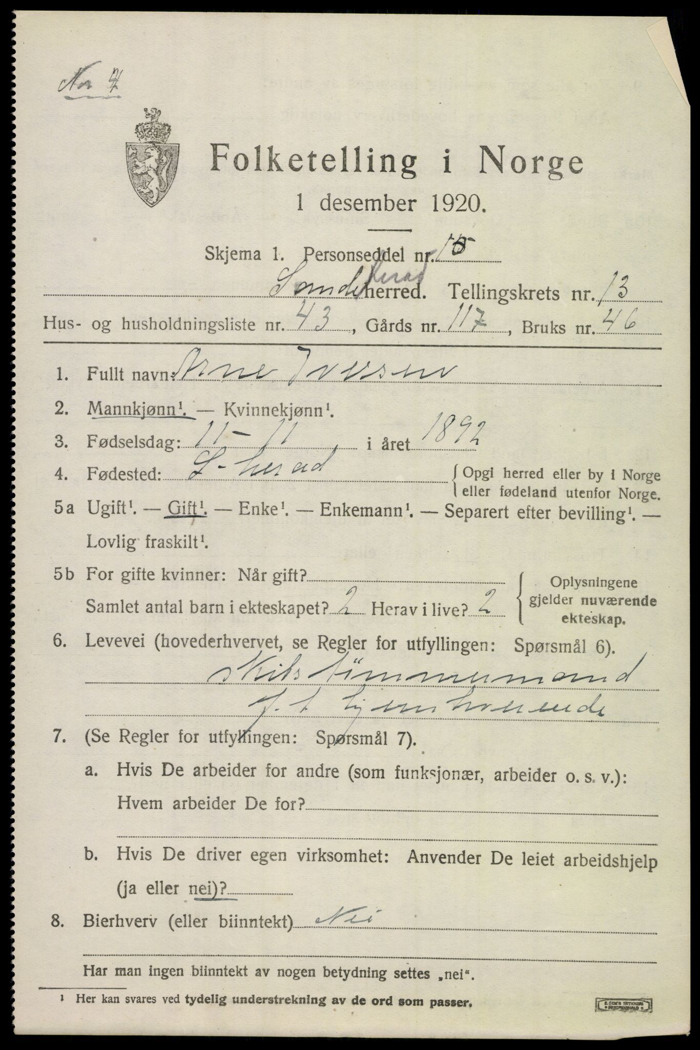 SAKO, 1920 census for Sandeherred, 1920, p. 19826