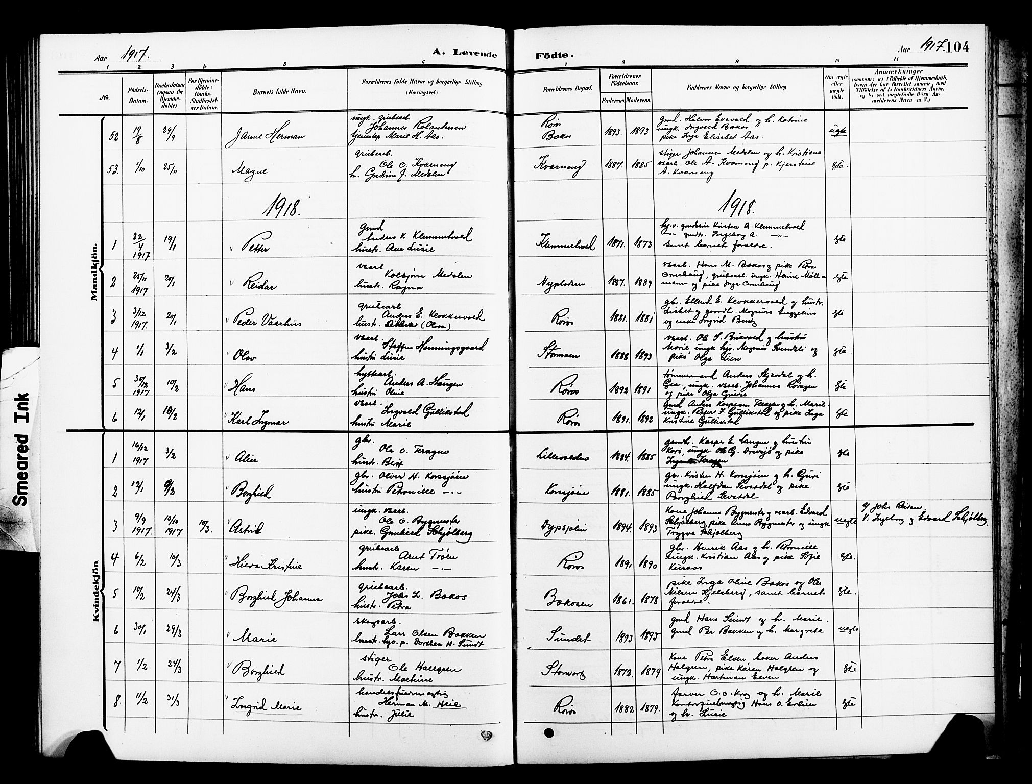 Ministerialprotokoller, klokkerbøker og fødselsregistre - Sør-Trøndelag, SAT/A-1456/681/L0942: Parish register (copy) no. 681C06, 1906-1925, p. 104